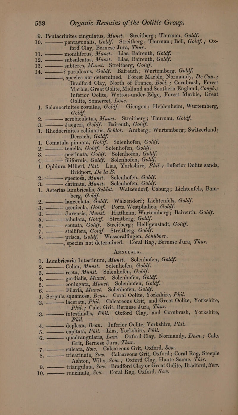 9. Pentacrinites cingulatus, Munst. Streitberg; Thurnau, Goldf. pentagonalis, Goldf. Streitberg; Thurnau; Boll, Goldf. ; Ox- ford Clay, Bernese Jura, Thur. hie moniliferus, Munst. Lias, Baireuth, Goldf. 12 subsulcatus, Munst. Lias, Baireuth, Goldf. 13. subteres, Munst. Streitberg, Goldf. 14. ? paradoxus, Goldf. Baireuth; Wurtemberg, Goldf. ———, species not determined. Forest Marble, Normandy, De Cau. ; Bradford Clay, North of France, Bobi. ; Cornbrash, Forest Marble, Great Oolite, Midland and Southern England, Conyb.; Inferior Oolite, Wotton-under-Edge, Forest Marble, Great Oolite, Somerset, Lons. 1. Solanocrinites costatus, Goldf. Giengen; Heidenheim, Wurtemberg, Goldf. — scrobiculatus, Munst. Streitberg; Thurnau, Goldf. Jaegeri, Goldf. Baireuth, Goldf. . Rhodocrinites echinatus, Schlot. Amberg; Wurtemberg; Switzerland ; Berrach, Goldf. . Comatula pinnata, Goldf. Solenhofen, Goldf. tenella, Goldf. Solenhofen, Goldy. pectinata, Goldf. Solenhofen, Goldf. filiformis, Goldf. Solenhofen, Goldf. . Ophiura Milleri, Phil. Lias, Yorkshire, Phil. ; Inferior Oolite sands, Bridport, De la B. speciosa, Munst. Solenhofen, Goldf. carinata, Munst. Solenhofen, Goldf. . Asterias lumbricalis, Schlot. Walzendorf, Coburg; Lichtenfels, Bam- berg, Goldf. lanceolata, Goldf. Walzendorf; Lichtenfels, Goldf. arenicola, Goldf. Porta Westphalica, Goldf. Jurensis, Munst. WHattheim, Wurtemberg; Baireuth, Goldf. tabulata, Goldf. Streitberg, Goldf. scutata, Goldf. Streitberg; Heiligenstadt, Goldf. stellifera, Goldf. Streitberg, Goldf. prisca, Goldf. Wasseralfingen, Schubber. , species not determined. Coral Rag, Bernese Jura, Thur. rook are A oa Soyee SNS eS ANNULATA. . Lumbricaria Intestinum, Munst. Solenhofen, Goldf. Colon, Munst. Solenhofen, Goldf. recta, Munst. Solenhofen, Goldy. gordialis, Munst. Solenhofen, Goldf. coniugata, Munst. Solenhofen, Goldf. Filaria, Munst. Solenhofen, Goldf. . Serpula squamosa, Bean. Coral Oolite, Yorkshire, Phil. lacerata, Phil. Calcareous Grit, and Great Oolite, Yorkshire, Phil. ; Calc. Grit, Bernese Jura, Thur. intestinalis, Phil. Oxford Clay, and Cornbrash, Yorkshire, Phil. deplexa, Bean. Inferior Oolite, Yorkshire, Phil. capitata, Phil. Lias, Yorkshire, Phil. quadrangularis, Lam. Oxford Clay, Normandy, Desn.; Cale. Grit, Bernese Jura, Thur. sulcata, Sow. Calcareous Grit, Oxford, Sow. tricarinata, Sow. Calcareous Grit, Oxford ; Coral Rag, Steeple Ashton, Wilts, Sow. ; Oxford Clay, Haute Saone, Thir. triangulata, Sow. Bradford Clay or Great Oolite, Bradford, Sow. ———- runcinata, Sow. Coral Rag, Oxford, Sow. Ces BR RN ES RBS ke aa hc toe eo =