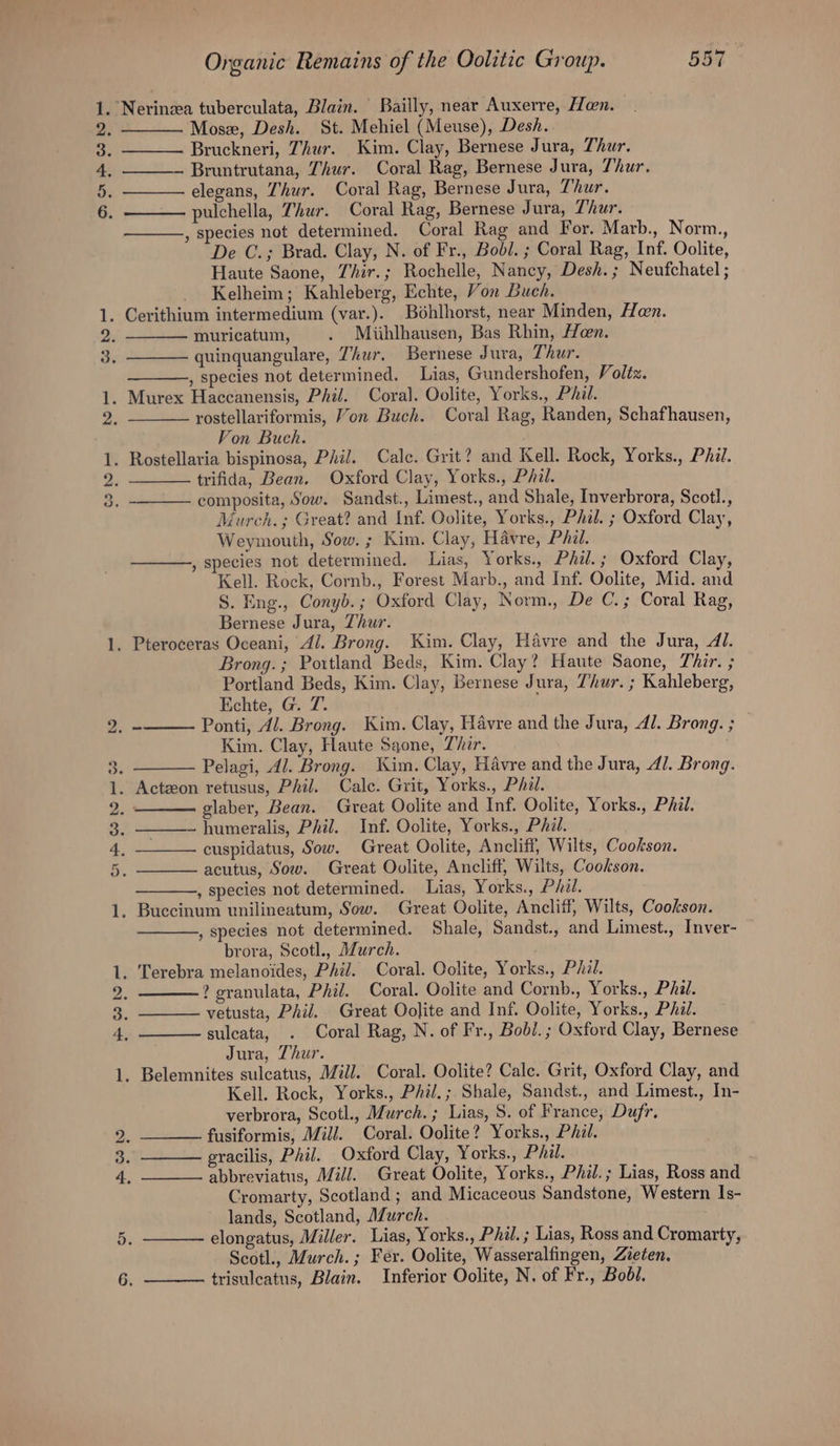 go bo ho = tot — eho _ Bo bs O ork Go kD cr co bo oo “I Organic Remains of the Oolitic Group. 55 Mose, Desh. St. Mehiel (Meuse), Desh. Bruckneri, Thur. Kim. Clay, Bernese Jura, Thur. —_——~ Bruntrutana, Thur. Coral Rag, Bernese Jura, Thur. ——— elegans, Thur. Coral Rag, Bernese Jura, Thur. —— pulchella, Thur. Coral Rag, Bernese Jura, Thur. —_——.,, species not determined. Coral Rag and For. Marb., Norm., De C.; Brad. Clay, N. of Fr., Bobl. ; Coral Rag, Inf. Oolite, Haute Saone, Zhir.; Rochelle, Nancy, Desh. ; Neufchatel ; Kelheim; Kahleberg, Echte, Von Buch. muricatum, . Miihlhausen, Bas Rhin, Hen. quinquangulare, Thur. Bernese Jura, Thur. , species not determined. Lias, Gundershofen, Voltz. rostellariformis, Yon Buch. Coral Rag, Randen, Schafhausen, Von Buch. trifida, Bean. Oxford Clay, Yorks., Phil. composita, Sow. Sandst., Limest., and Shale, Inverbrora, Scotl., Murch. ; Great? and Inf. Oolite, Yorks., Phil. ; Oxford Clay, Weymouth, Sow. ; Kim. Clay, Havre, Phil. , species not determined. Lias, Yorks., Phal.; Oxford Clay, Kell. Rock, Cornb., Forest Marb., and Inf. Oolite, Mid. and S. Eng., Conyb.; Oxford Clay, Norm., De C.; Coral Rag, Bernese Jura, Thur. Brong.; Portland Beds, Kim. Clay? Haute Saone, Thr. ; Portland Beds, Kim. Clay, Bernese Jura, Thur. ; Kahleberg, Echte, G. 7. Ponti, Al. Brong. Kim. Clay, Havre and the Jura, Al. Brong. ; Kim. Clay, Haute Saone, Thir. Pelagi, 4/. Brong. Kim. Clay, Havre and the Jura, Al. Brong. glaber, Bean. Great Oolite and Inf. Oolite, Yorks., Phil. ~ humeralis, Phil. Inf. Oolite, Yorks., Phil. cuspidatus, Sow. Great Oolite, Ancliff, Wilts, Cookson. acutus, Sow. Great Oolite, Ancliff, Wilts, Cookson. , species not determined. Lias, Yorks., Phil. , species not determined. Shale, Sandst., and Limest., Inver- brora, Scotl., Afurch. ? granulata, Phil. Coral. Oolite and Cornb., Yorks., Phil. vetusta, Phil. Great Oolite and Inf. Oolite, Yorks., Phad. sulcata, . Coral Rag, N. of Fr., Bobi. ; Oxford Clay, Bernese Jura, Thur. Kell. Rock, Yorks., Phil.; Shale, Sandst., and Limest., In- verbrora, Scotl., Murch.; Lias, 8. of France, Dufr. fusiformis, Mill. Coral. Oolite? Yorks., PAil. gracilis, Phil. Oxford Clay, Yorks., Pail. abbreviatus, Mill. Great Oolite, Yorks., Phil.; Lias, Ross and Cromarty, Scotland ; and Micaceous Sandstone, Western Is- lands, Scotland, AZurch. elongatus, Miller. Lias, Yorks., Phil. ; Lias, Ross and Cromarty, Scotl., Murch.; Fer. Oolite, Wasseralfingen, Zieten. trisuleatus, Blain. Inferior Oolite, N. of Fr., Bobi.