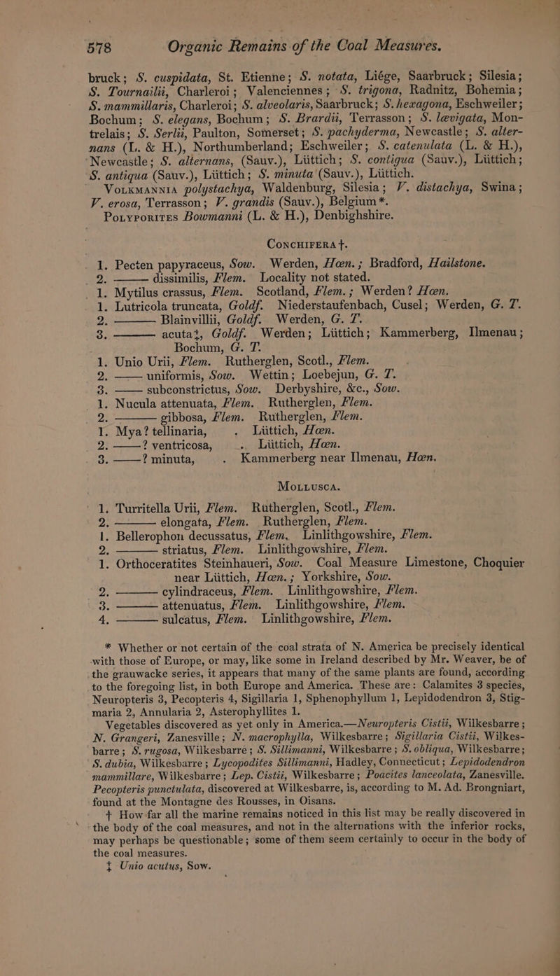 bruck; S. cuspidata, St. Etienne; S. notata, Liége, Saarbruck ; Silesia ; S. Tournailii, Charleroi; Valenciennes; S. trigona, Radnitz, Bohemia ; S. mammillaris, Charleroi; S. alveolaris, Saarbruck; S. hexagona, Eschweiler ; Bochum; S. elegans, Bochum; S. Brardii, Terrasson; S. levigata, Mon- trelais; S. Serlii, Paulton, Somerset; S. pachyderma, Newcastle; S. alter- nans (L.. &amp; H.), Northumberland; Eschweiler; S. catenulata (L. &amp; H.), ‘Newcastle; S. alternans, (Sauv.), Liittich; S. contigua (Sauv.), Liittich ; S. antiqua (Sauv.), Liittich; S. minuta (Sauv.), Liittich. Voixmannia polystachya, Waldenburg, Silesia; V. distachya, Swina ; V. erosa, Terrasson; V. grandis (Sauv.), Belgium *. Potyporites Bowmanni (L. &amp; H.), Denbighshire. ConcHIFERA f. 1. Pecten papyraceus, Sow. Werden, Hen.; Bradford, Hailstone. 2: dissimilis, Flem. Locality not stated. _ 1. Mytilus crassus, Flem. Scotland, Flem.; Werden? Hen. 1. Lutricola truncata, Goldf. Niederstaufenbach, Cusel; Werden, G. 7. 2: 3. Blainvillii, Goldf. Werden, G. 7. acutat, Goldf. Werden; Liittich; Kammerberg, Ilmenau; Bochum, G. T. 1. Unio Urii, Flem. Rutherglen, Scotl., Fem. 2. uniformis, Sow. Wettin; Loebejun, G. 7. 3. subconstrictus, Sow. Derbyshire, &amp;c., Sow. 1. Nucula attenuata, Flem. Rutherglen, Flem. 2. gibbosa, Flem. Rutherglen, lem. 1. Mya? tellinaria, . Littich, Hen. 2. ? ventricosa, . Liittich, Hen. 3. ——? minuta, . Kammerberg near Ilmenau, Hon, Mo.uuvsca. 1. Turritella Urii, lem. Rutherglen, Scotl., lem. 2. elongata, Flem. Rutherglen, Flem. 1. Bellerophon decussatus, Flem, Linlithgowshire, fem. 2 1 : striatus, Flem. Linlithgowshire, Fem. . Orthoceratites Steinhaueri, Sow. Coal Measure Limestone, Choquier near Liittich, Han.; Yorkshire, Sow. ages cylindraceus, Flem. Linlithgowshire, Flem. 3. attenuatus, Flem. Linlithgowshire, Fem. 4, sulcatus, Flem. Linlithgowshire, Flem. * Whether or not certain of the coal strata of N. America be precisely identical -with those of Europe, or may, like some in Ireland described by Mr. Weaver, be of the grauwacke series, it appears that many of the same plants are found, according to the foregoing list, in both Europe and America. These are: Calamites 3 species, Neuropteris 3, Pecopteris 4, Sigillaria 1, Sphenophyllum 1, Lepidodendron 38, Stig- maria 2, Annularia 2, Asterophyllites 1. Vegetables discovered as yet only in America.—Neuropteris Cistit, Wilkesbarre ; N. Grangeri, Zanesville; N. macrophylla, Wilkesbarre; Sigillaria Cistii, Wilkes- barre; S. rugosa, Wilkesbarre ; S. Sillimanni, Wilkesbarre ; S. obliqua, Wilkesbarre ; S. dubia, Wilkesbarre ; Lycopodites Sillimanni, Hadley, Connecticut ; Lepidodendron mammillare, Wilkesbarre ; Lep. Cistii, Wilkesbarre ; Poacites lanceolata, Zanesville. Pecopteris punctulata, discovered at Wilkesbarre, is, according to M. Ad. Brongniart, found at the Montagne des Rousses, in Oisans. + How far all the marine remains noticed in this list may be really discovered in the body of the coal measures, and not in the alternations with the inferior rocks, may perhaps be questionable; some of them seem certainly to occur in the body of the coal measures. { Unio acutus, Sow. ae)
