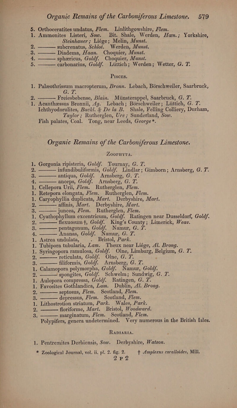 mt CR oes ONE SVE ENO ONE EP ASN SON Er rik wh h Organic Remains of the Carboniferous Limestone. 579 Steinhauer; Liége; Melin, Munst. subcrenatus, Schlot. Werden, Munst. Diadema, Haan. Choquier, Munst. sphericus, Goldf. Choquier, Munsé. carbonarius, Goldf. Liittich; Werden; Wetter, G. T. Pisces. G. Tf. Freiesbebense, Blain. Miinsterappel, Saarbruck, G. 7. Ichthyodorulites, Buckl. § Dela B. Shale, Felling Colliery, Durham, Taylor ; Rutherglen, Ure ; Sunderland, Sow. Fish palates, Coal. Tong, near Leeds, George *. Organic Remains of the Carboniferous Limestone. ZOoPHYTA. Gorgonia ripisteria, Goldf. Tournay, G. 7. infundibuliformis, Goldf. Lindlar; Gimborn; Arnsberg, G. 7’. antiqua, Goldf. Arnsberg, G. 7. anceps, Goldf. Arnsberg, G. T. affinis, Mart. Derbyshire, Mart. juncea, Mem. Rutherglen, Flem. flexuosum f, Goldf. King’s County; Limerick, Weav. pentagonum, Goldf. Namur, G. 7. Ananas, Goldf. Namur, G. 7. Astrea undulata, . Bristol, Park. reticulata, Goldf. Olne, G. 7. filiformis, Goldf. Arnsberg, G. T. spongites, Goldf. Schwelm; Sundwig, G. 7. septosus, Mem. Scotland, Hem. depressus, lem. Scotland, lem. floriforme, Mart. Bristol, Woodward. marginatum, Fem. Scotland, Flem. Polypifers, genera undetermined. Very numerous in the British Isles. RaADIARIA. Pentremites Derbiensis, Sow. Derbyshire, Watson. Pl