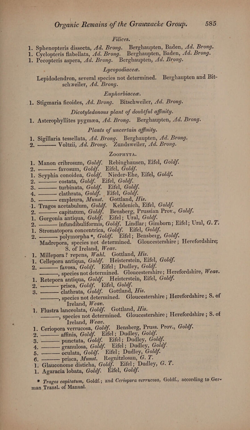 | ° e Filices. . Sphenopteris dissecta, 4d. Brong. Berghaupten, Baden, Ad. Brong. . Cyclopteris flabellata, 4d. Brong. Berghaupten, Baden, Ad. Brong. . Pecopteris aspera, 4d. Brong. Berghaupten, dd. Brong. et Lycopodiacee. Lepidodendron, several species not determined. Berghaupten and Bit- schweiler, dd. Brong. Euphorbiacee. 1. Stigmaria ficoides, 4d. Brong. Bitschweiler, dd. Brong. Dicotyledonous plant of doubtful affinity. 1. Asterophyllites pygmea, 4d. Brong. Berghaupten, dd. Brong. Plants of uncertain affinity. . Sigillaria tessellata, 4d. Brong. Berghaupten, dd. Brong. Voltzii, dd. Brong. Zundsweiler, dd. Brong. bo ZooPuytTa. . Manon cribrosum, Goldf. Rebinghausen, Eifel, Goldf. favosum, Goldf. Eifel, Goldf. . Scyphia conoidea, Goldf. Nieder-Ehe, Eifel, Goddf. costata, Goldf. Lifel, Goldf. turbinata, Goldf. Eifel, Goldf. — clathrata, Goldf. _Hifel, Goldf. empleura, Munst. Gottland, His. . Tragos acetabulum, Goldf. Keldenich, Eifel, Goldf. capitatum, Goldf. Bensberg, Prussian Prov., Goldf. . Gorgonia antiqua, Goldf. Eifel; Ural, Goldf. infundibuliformis, Goldf. Lindlar; Gimborn; Eifel; Ural, G@. 7’. . Stromatopora concentrica, Goldf. Eifel, Goldf. polymorpha*, Goldf. Eifel; Bensberg, Goldf. Madrepora, species not determined. Gloucestershire ; Herefordshire; S. of Ireland, Weav. . Millepora? repens, Wahl. Gottland, His. . Cellepora antiqua, Goldf. Heisterstein, Eifel, Goldf. favosa, Goldf. Hifel; Dudley, Goldf. , species not determined. Gloucestershire; Herefordshire, Weav. 1. Retepora antiqua, Goldf. Heisterstein, Eifel, Goldf. prisca, Goldf. Eifel, Goldf. clathrata, Goldf. Gottland, His. , species not determined. Gloucestershire ; Herefordshire ; S. of Ireland, Weav. . 1. Flustra lanceolata, Goldf. Gottland, His. , species not determined. Gloucestershire ; Herefordshire ; S. of Ireland, Weav. . Ceriopora verrucosa, Goldf. Bensberg, Pruss. Prov., Goldf. ffinis, Goldf. Eifel; Dudley, Goldf. punctata, Goldf. Eifel; Dudley, Goldf. granulosa, Goldf. Uifel; Dudley, Goldf. ——— oculata, Goldf. Eifel; Dudley, Goldf. — prisca, Munst. Regnitzlosau, G. 7°. - Glauconome disticha, Goldf. Eifel; Dudley, G. T. , Agaracia lobata, Goldf. Hifel, Goldy. Bas Ree gare Ge ph GOTO oe —— bo ork oo ® Tragos capitatum, Goldf.; and Certopora verrucosa, Goldf., according to Gere man Transl. of Manual.