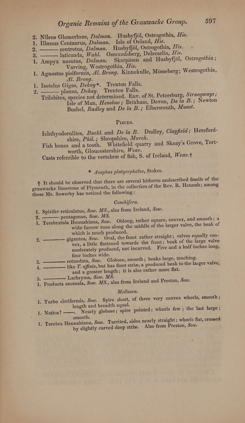 mote bs centrotus, Dalman. Husbyfjol, Ostrogothia, His. laticauda, Wahl. Osmundsberg, Delecarlia, His. Ampyx nasutus, Dalman. Skarpasen and Husbyfjol, Ostrogothia ; Varving, Westrogothia, His. Al. Brong. — planus, Dekay. Trenton Falls. Trilobites, species not determined. Env. of St. Petersburg, Strangways ; Isle of Man, Henslow ; Brixham, Devon, De la B.; Newton Bushel, Radley and De la B. ; Elbersreuth, Munst. Pisces. Ichthyodorulites, Buckl. and De la B. Dudley, Clayfield ; Hereford- shire, Phil. ; Shropshire, Murch. Fish bones and a tooth. Whitefield quarry and Skeay’s Grove, Tort- worth, Gloucestershire, Weav. Casts referrible to the vertebre of fish, S. of Ireland, Weav.t * Asaphus platycephalus, Stokes. mh Conchifera. pentagonus, Sow. MS. wide furrow runs along the middle of the larger valve, the beak of which is much produced. vex, a little flattened towards the front; beak of the large valve moderately produced, not incurved. Five and a half inches long, four inches wide. —__—_—- rotundata, Sow. Globose, smooth; beaks large, touching. like T. affinis, but has finer striee, a produced beak to the larger valve, and a greater length; it is also rather more flat. Lachryma, Sow. MS. Mollusca. length and breadth equal. Nearly globose; spire pointed; whorls few ; the last large ; smooth. _ py slightly curved deep striz. Also from Preston, Sow.
