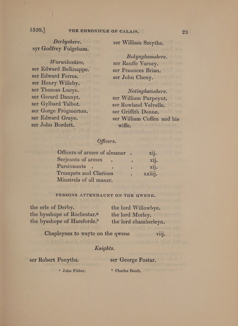 Derbyshere. ser William Smythe. syr Godfrey Fulgeham. Bokynghamshere. Warwtkeshire. ser Rauffe Varney. ser Kdward Belknappe. ser Fraunces Brian. ser Kidward Ferres. ser John Cheny. ser Henry Willeby. ser Thomas Lucye. Notinghamshere. ser Gerard Dannyt. ser William Purpoynt. ser Gylbard Talbot. ser Rowland Velvelle. ser Gorge Frogmerton. ser Griffith Donne. ser Kdward Graye. ser William Coffen and his ser John Bordett. wiffe. Officers. Officers of armes of almaner . X1j. Serjeants of armes. : Xj. Pursivaunts . ‘ : Xj. Trumpets and Clarions ; XXlilj. Minstrels of all maner. PERSONS ATTENDAUNT ON THE QWENE. the erle of Derby. the lord Willowbye. the bysshope of Rochestar.@ the lord Morley. Chapleynes to wayte on the qwene viij. Knights. ser Robert Ponythz. ser George Fostar. a John Fisher, &gt;’ Charles Booth.