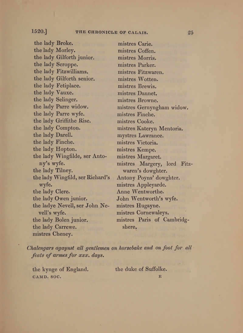 1520.] the lady Broke. the lady Morley. the lady Gilforth junior. the lady Scroppe. the lady Fitzwilliams. the lady Gilforth senior. the lady Fetiplace. the lady Vauxe. the lady Selinger. the lady Parre widow. the lady Parre wyfe. the lady Griffithe Rise. the lady Compton. the lady Darell. the lady Finche. the lady Hopton. the lady Wingfilde, ser Anto- ny’s wyfe. the lady Tilney. the lady Wingfild, ser Richard’s wyfe. the lady Clere. the lady Owen junior. the ladye Nevell, ser John Ne- vell’s wyfe. the lady Bolen junior. the lady Carrewe. mistres Cheney. mistres Carie. mistres Coffen. mistres Morris. mistres Parker. mistres Fitzwaren. mistres Wotten. mistres Brewis. mistres Dannet. mistres Browne. mistres Gernyngham widow. mistres Finche. mistres Cooke. mistres Kateryn Mentoria. mystres Lawrance. mistres Victoria. mistres Kempe. mistres Margaret. mistres Margery, lord Fitz- waren’s dowghter. Antony Poyns’ dowghter. mistres Appleyarde. Anne Wentworthe. John Wentworth’s wyfe. mistres Hugayne. mistres Cornewaleys. mistres Paris of Cambridg- shere, feats of armes for xxx. days. the kynge of England. CAMD. SOc. the duke of Suffolke. EK