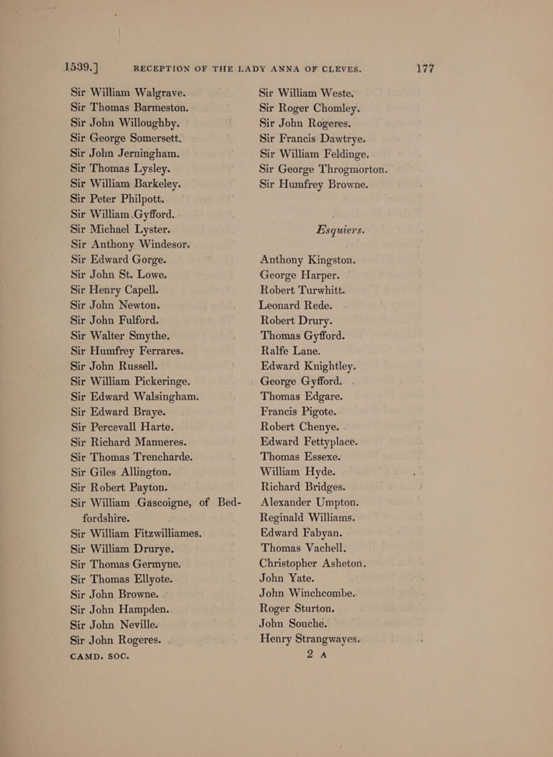 Sir William Weste, Sir Roger Chomley. Sir John Rogeres. Sir Francis: Dawtrye. Sir William Feldinge. Sir George Throgmorton. Sir Humfrey Browne. Sir William Walgrave. Sir Thomas Barmeston. Sir John Willoughby. Sir George Somersett. Sir John Jerningham. Sir Thomas Lysley. Sir William Barkeley. Sir Peter Philpott. Sir William .Gyfford. . Sir Michael Lyster. Sir Anthony Windesor. Sir Edward Gorge. Sir John St. Lowe. Sir Henry Capell. Sir John Newton. Sir John Fulford. Sir Walter Smythe. Sir Humfrey Ferrares. Sir John Russell. Sir William Pickeringe. Sir Edward Braye. Sir Percevall Harte. Sir Richard Manneres. Sir Thomas Trencharde. Sir Giles Allington. Sir Robert Payton. fordshire. Sir William Drurye. Sir Thomas Germyne. Sir Thomas Ellyote. Sir John Browne. Sir John Hampden. Sir John Neville. Sir John Rogeres. . CAMD. SOC. Anthony Kingston. George Harper. Robert Turwhitt. Leonard Rede. Robert Drury. Thomas Gyfford. Ralfe Lane. Edward Knightley. George Gyfford. Thomas Edgare. Francis Pigote. Robert Chenye. . Edward Fettyplace. Thomas Essexe. William Hyde. Richard Bridges. Alexander Umpton. Reginald Williams. Edward Fabyan. Thomas Vachell. John Yate. John Winchcombe.: Roger Sturton. John Souche. Henry Strangwayes. 2A