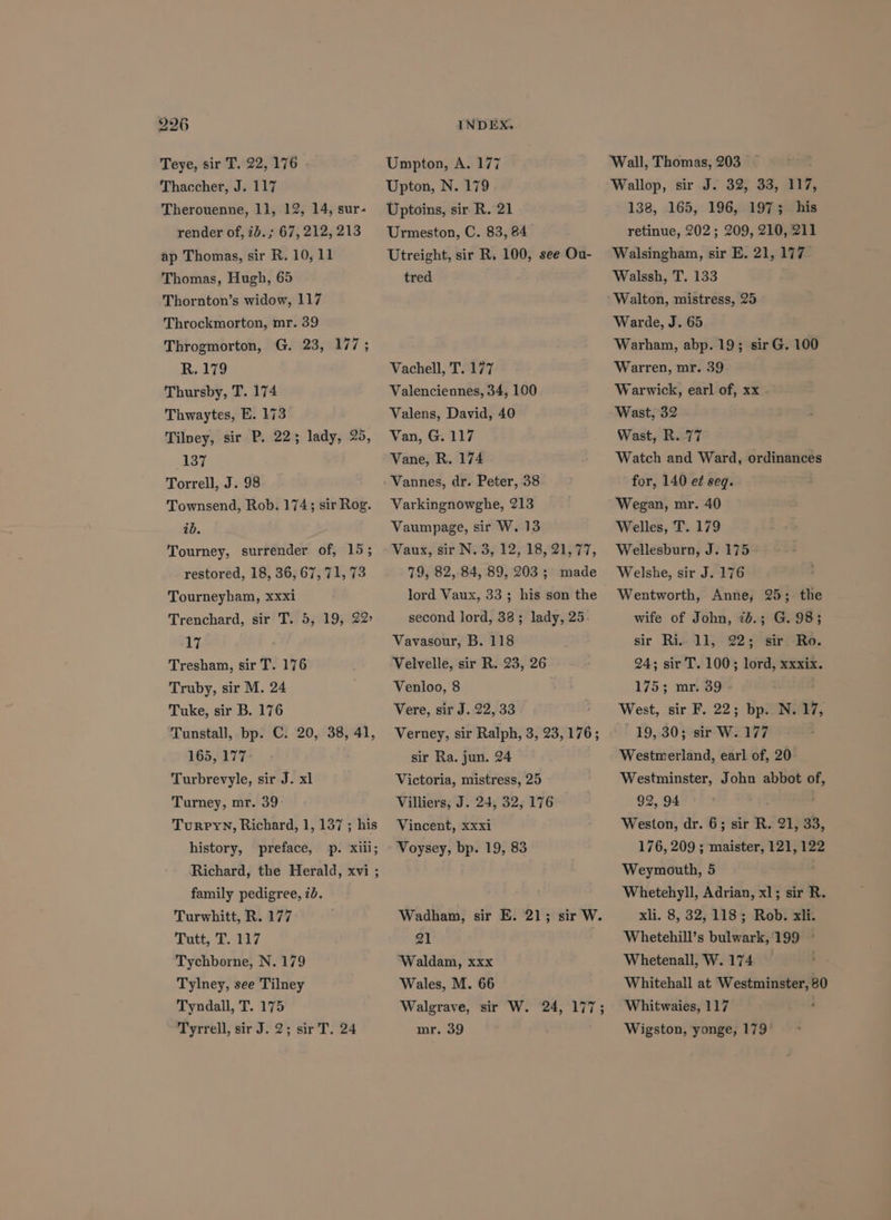Teye, sir T. 22,176 - Thaccher, J. 117 Therouenne, 11, 12, 14, sur- render of, ib. ; 67, 212, 213 ap Thomas, sir R. 10, 11 Thomas, Hugh, 65 Thornton’s widow, 117 Throckmorton, mr. 39 Throgmorton, G. 23, 177; R. 179 Thursby, T. 174 Thwaytes, E. 173 Tilney, sir P. 22; lady, 25, 137 Torrell, J. 98 Townsend, Rob. 174; sir Rog. ib. Tourney, surrender of, 15; restored, 18, 36, 67, 71, 73 Tourneyham, xxxi Trenchard, sir T. 5, 19, 22> 17 Tresham, sir T. 176 Truby, sir M. 24 Tuke, sir B. 176 Tunstall, bp. C. 20, 38, 41, 165, 177 Turbrevyle, sir J. xl Turney, mr. 39 TurpyN, Richard, 1, 137 ; his history, preface, p. xiii; Richard, the Herald, xvi ; family pedigree, 7d. Turwhitt, R. 177 Tatt; EIT Tychborne, N. 179 Tylney, see Tilney Tyndall, T. 175 Tyrrell, sir J. 2; sir T. 24 Umpton, A. 177 Upton, N. 179 Uptoins, sir R. 21 Urmeston, C. 83, 84 Utreight, sir R, 100, see Ou- tred Vachell, T. 177 Valenciennes, 34, 100 Valens, David, 40 Van, G. 117 Vane, R. 174 Vannes, dr. Peter, 38 Varkingnowghe, 213 Vaumpage, sir W. 13 Vaux, sir N.3, 12, 18,21, 77, 79, 82,84, 89, 203; made lord Vaux, 33; his son the second lord, 38; lady, 25 Vavasour, B. 118 Velvelle, sir R. 23, 26 Venloo, 8 Vere, sir J. 22, 33 Verney, sir Ralph, 3, 23,176; sir Ra. jun. 24 Victoria, mistress, 25 Villiers, J. 24, 32, 176 Vincent, xxxi Voysey, bp. 19, 83 Wadham, sir E. 21; sir W. 21 Waldam, xxx Wales, M. 66 Walgrave, sir W. 24, 177; mr. 39 Wall, Thomas, 203 Wallop, sir J. 32, 33, 117, 138, 165, 196, 197; his retinue, 202; 209, 210, 211 Walsingham, sir E. 21, 177. Walssh, T. 133 Walton, mistress, 25 Warde, J. 65 Warham, abp. 19; sirG. 100 Warren, mr. 39 Warwick, earl of, xx Wast, 32 Wast, R..77 Watch and Ward, ordinances for, 140 et seq. | Wegan, mr. 40 Welles, T. 179 Wellesburn, J. 175 Welshe, sir J. 176 Wentworth, Anne, 25; the wife of John, 7b.; G. 983 sir Ri. 11, 22; sir Ro. 24; sir T. 100; lord, xxxix. 175; mr. 39 . West, sir F. 22; bp. N. 17, 19, 30; sir W. 177 Westmerland, earl of, 20 Westminster, John abbot of, 92, 94 Weston, dr. 6; sir R. 21, 33, 176, 209 ; maister, 121, 12 Weymouth, 5 Whetehyll, Adrian, x1; sir R. xli. 8, 32, 118; Rob. xli. Whetehill’s bulwark,199 © Whetenall, W. 174 Whitehall at Westminster, 80 Whitwaies, 117 Wigston, yonge, 179°