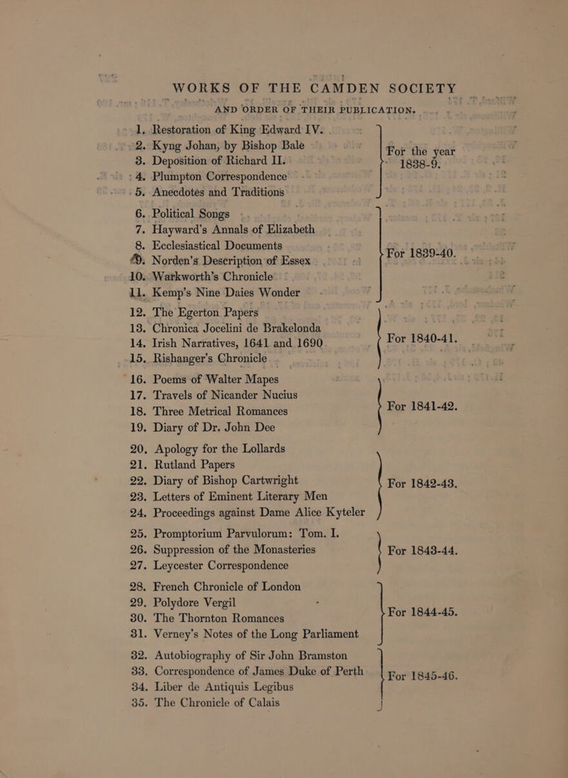 SO eADNO oronwe AND ORDER OF ‘THEIR PUBLICATION, For the year For 1839: 40. For 1 840-4 l, For 1841-42. For 1844-45. For 1845-46.