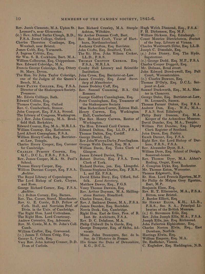 Rev. Jacob Clements, M.A. Upton St. Leonard’s, near Gloucester. (c.) Rev. Alfred Butler Clough, B.D., F.S.A. Jesus College, Oxford. Charles Thornton Coathupe, Esq. Wraxhall, near Bristol. James Cobb, Esq. Yarmouth. J. Ingram Cobbin, Esq. Sir Wm. S. R. Cockburn, Bart. M.A. William Colbourne, Esq. Chippenham. Rev. Edward Coleridge, M.A. Francis George Coleridge, Esq. Ottery | St. Mary, Devon. The Hon. Sir John Taylor Coleridge, one of the Judges of the Queen’s Bench, M.A. JoHN Payne Co..ier, Esq. F.S.A. Director of the Shakespeare Society. Treasurer. Mr. Edwin Collings, Bath. Edward Collins, Esq. Thomas Combe, Esq. Oxford Rev. C. Comberbach, Stonor. John Comport, Esq. F.S.A. Strood. The Library of Congress, Washington. (c.) Rev. John Connop, M.A. Brad- field Hall, Berkshire. Edward Conroy, Esq. M.A., M.R.I.A. William Conway, Esq. Rathmines. Lord Albert Conyngham, F.S.A. William Henry Cuoke, Esq. Barrister- at-Law, Temple. Charles Henry Cooper, Esq. Coroner for Cambridge. “CHARLES PuRTON CooPeER, Q.C., D.C.L., F.R.S., F.S.A. Rev. James Cooper, M.A. St. Paul’s School. Thomas Henry Cooper, Esq. William Durrant Cooper, Esq. F.S.A. Auditor. The Royal Library of Copenhagen. The Lord Bishop of Cork, Cloyne, and Ross. George Richard Corner, Esq. F.S.A. Auditor. (c.) Bolton Corney, Esq. Barnes. Rev. Tho. Corser, Stand, Manchester. Rev. G. E. Corrie, B.D. Fellow of Esq. Cath. Hall, and Norrisian Prof. of | Divin. in the Univ. of Cambridge. Tne Right Hon. Lord Cottenham. The Right Hon. Lord Courtenay. Andrew Coventry, Esq. Advocate. Rev. M. Cowie, M.A. St. John’s Coll. Camb. William Crafter, Esq. Gravesend. (c.) James T. Gibson Craig, Esq. George L. Craik, Esq. ~ Very Rev. John Antony Cramer, D.D. | Dean of Carlisle. Rev. Richard Crawley, M.A. Steeple Ashton, Wiltshire. Sir Archer Denman Croft, Bart. Rev. Richard Croft, Vicar of Hart- burn, Northumberland. Anthony Crofton, Esq. Barrister. John Crofts, Esq. Bradford, York. The Rt. Hon. John Wilson Croker, LL.D., £.R.5. Tuomas Crorron CROKER, F.S.A., M.R.L.A. Crosby Hall Literary and Scientific Institution. John Cross, Esq. Barrister-at-Law. James Crossley, Esq. Local Secre- tary at Manchester. James Dodsley Cuff, Esq. Rev. Samuel Cumming, Romney. George Godfrey Cunningham, Esq. Peter Cunningham, Esq. Treasurer of the Shakespeare Society. Miss Richardson Currer, Eshton Hall. Henry Curwen, Esq. Workington Hall, Cumberland. The Rev. Henry Curwen, Rector of Workington. The Hon. Edward Cecil Curzon. Edward Dalton, Esq. LU.D., F.S.A. Thomas Dalton, Esq. Cardiff. George Daniel, Esq. Rev John Wareyn Darby, Framlingham. George Webb Dasent, Esq. M.A. William Davie, Esq. Town Clerk of Glasgow. Esq. B.A. Old Robert Davies, Esq. F.S.A. Town Clerk of York. Richard Davies, jun. Esq. Llangefni. L. and Ed. F.S.A. David Elisha Davy, Esq. Ufford, Suf- folk. Local Secretary. Matthew Dawes, Esq., F.G.S. Vesey Thomas Dawson, Esq. Rev. Arthur Dayman, M.A. Shilling- stone Rectory, Blandford. Charles Deane, Esq. Rev. J. Bathurst Deane, M.A., F.S.A. James Dearden, Esq. Rochdale. Norris Deck, Esq. Cambridge. Right Hon. Earl de Grey, Pres. of R. Inst. Br. Architects, F.S.A. Rev. D. C. Delafosse, M.A. Philip Chilwell De la Garde, Esq. George Dempster, Esq. of Skibo, Ad- vocate. Soc. de l’ Histoire de France. His Grace the Duke of Devonshire, K.G., 20.1. Hugh Welch Diamond, Esq., F.S.A. F. H. Dickenson, Esq. M.P. William Dickson, Esq. Edinburgh. Count Maurice Dietrichstein, Prefect of the Imp. Library at Vienna. Charles Wentworth Dilke, Esq. LL.B- Joseph C. Dimsdale, Esq. (c.) John Disney, Esq. The Hyde, Ingatestone. (c.) George Dodd, Esq. M.P., F.S.A Charles Cooper Doggett, Esq. Mr. Dolman, Bond street. John Edward Dowdeswell, Esq. Pull Court, Worcestershire. (c.) Charles Downes, Esq. Thomas D’Oyly, Esq. D.C.L. Ser- jeant-at-Law. Samuel! Duckworth, Esq., M.A. Mas- ter in Chancery. George Duke, Esq. Barrister-at-Law, St. Leonard’s, Sussex. Thomas Farmer Dukes, Esq. F.S.A. Andrew Dun, Esq., W.S., M.A., F.A.S. Scot. Edinburgh. Philip Bury Duncan, Esq. M.A. Keeper of the Ashmolean Museum. David Dundas, Esq. M.A., Temple. William Pitt Dundas, Esq. Deputy Clerk Register of Scotland. John Dunn, Esq. Paisley. Enoch Durant, Esq. F.S.A. Right Rev. the Lord Bishop of Dur- ham, F.R.S., F.S.A. Rev. Alexander Dyce, B.A. William Dyce, Esq. School of Design, Somerset-house. Rev. Thomas Dyer, M.A. Abbot’s Roding, Ongar, Essex. J. Compton Dyke, Esq. Rochester. Mr. Thomas Eaton, Worcester. Thomas Edgworth, Esq. Rt. Hon. Lord Francis Egerton, M.P. Sir Philip de Malpas Grey Egerton, Bart, M.P. Benjamin Elam, Esq. | Rev. H. T. Ellacombe, M.A., F.S.A. Bitton, near Bristol. J. Bardoe Elliott, Esq. Sir Henry Exuis, K.H., LL.B., F.R.S., Sec. S. A., Principal Li- brarian of the British Museum. (c.) G. Stevenson Ellis, Esq. Rev. John Joseph Ellis, M.A., F.S.A. Joseph Ellis, jun. Esq. Richmond. John Fullerton Elphinstone, Esq. Charles Norton Elvin, Esq., East Dereham, Norfolk. Hastings Elwin, Esq. William Empson, Esq. M.A. Dr. Endlicher, Vienna.