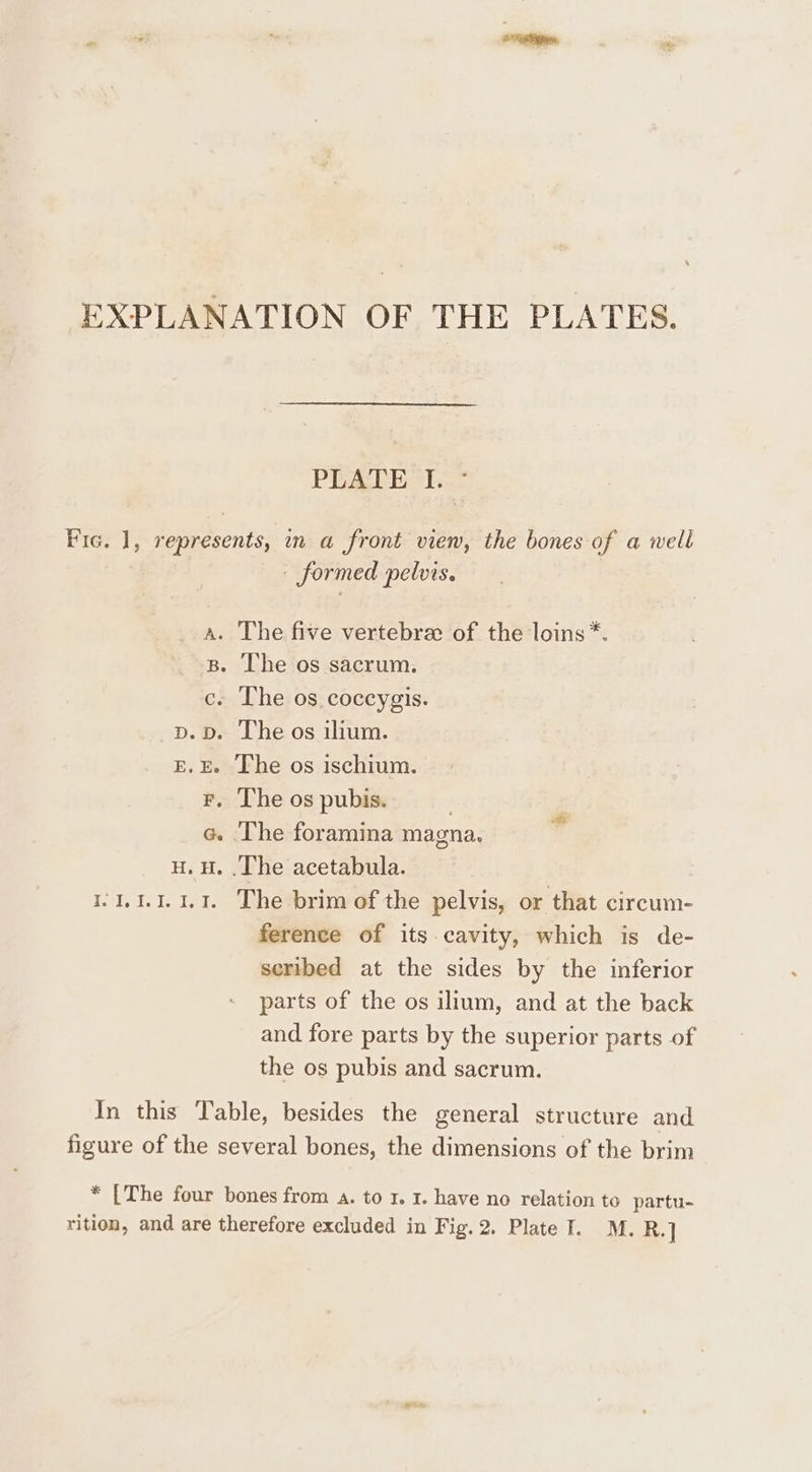 EXPLANATION OF THE PLATES. PEALE i. Fie. 1, represents, in a front view, the bones of a well - formed pelvis. a. The five vertebra of the loins *. B. The os sacrum. c. The os coccygis. p.D. The os ilium. E.E. The os ischium. F. The os pubis. @. The foramina magna. H. H. .The acetabula. 161.1111. The brim of the pelvis, or that circum- ference of its. cavity, which is de- seribed at the sides by the inferior parts of the os ilium, and at the back and fore parts by the superior parts of the os pubis and sacrum. In this Table, besides the general structure and figure of the several bones, the dimensions of the brim * [The four bones from a. to 1. 1. have no relation to partu-