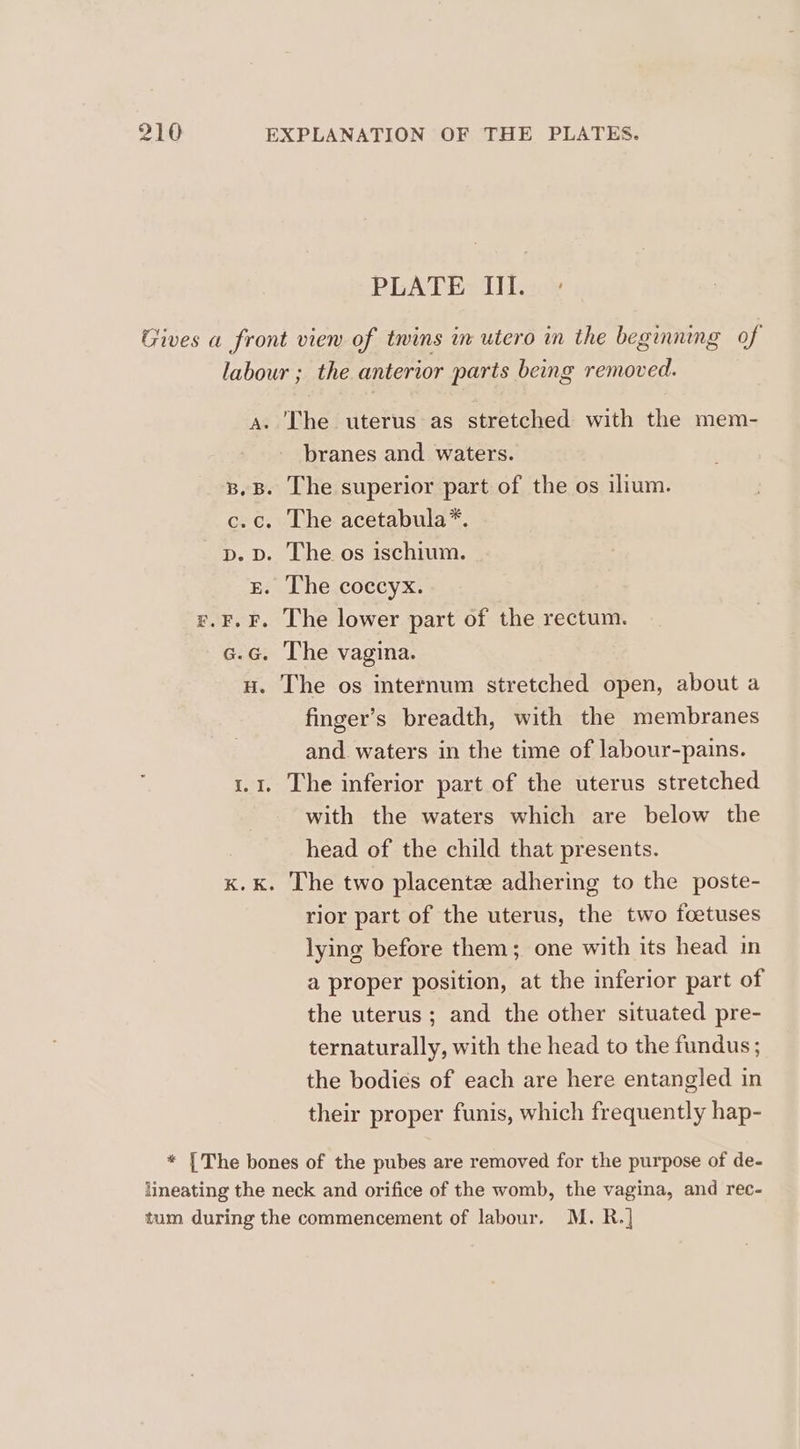 PLATE III. Gives a front view of twins in utero in the beginning of labour ; the anterior parts being removed. a. 'The uterus as stretched with the mem- branes and waters. 8.B. The superior part of the os ilium. c.c. The acetabula*. p. D. The os ischium. E. The coccyx. £.F.F. The lower part of the rectum. c.G. The vagina. nu. The os internum stretched open, about a finger’s breadth, with the membranes and waters in the time of labour-pains. 1.1. The inferior part of the uterus stretched with the waters which are below the head of the child that presents. K.k. The two placentz adhering to the poste- rior part of the uterus, the two foetuses lying before them; one with its head in a proper position, at the inferior part of the uterus ; and the other situated pre- ternaturally, with the head to the fundus; the bodies of each are here entangled in their proper funis, which frequently hap- * [The bones of the pubes are removed for the purpose of de- lineating the neck and orifice of the womb, the vagina, and rec- tum during the commencement of labour. M. R.]
