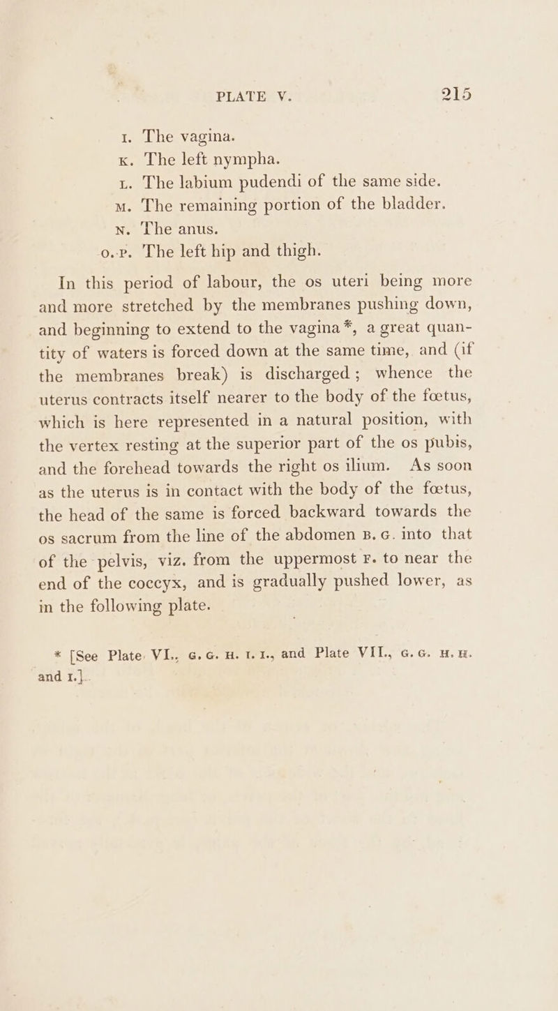 1. The vagina. x. The left nympha. t. The labium pudendi of the same side. m. The remaining portion of the bladder. n. The anus. op. The left hip and thigh. In this period of labour, the os uteri being more and more stretched by the membranes pushing down, and beginning to extend to the vagina*, a great quan- tity of waters is forced down at the same time, and (if the membranes break) is discharged ; whence the uterus contracts itself nearer to the body of the foetus, which is here represented in a natural position, with the vertex resting at the superior part of the os pubis, and the forehead towards the right os ium. As soon as the uterus is in contact with the body of the foetus, the head of the same is forced backward towards the os sacrum from the line of the abdomen 8. c. into that of the pelvis, viz. from the uppermost F. to near the end of the coccyx, and is gradually pushed lower, as in the following plate. * [See Plate VL, G.G. Hu. t1., and Plate VIL G. Go H.W. and 1...