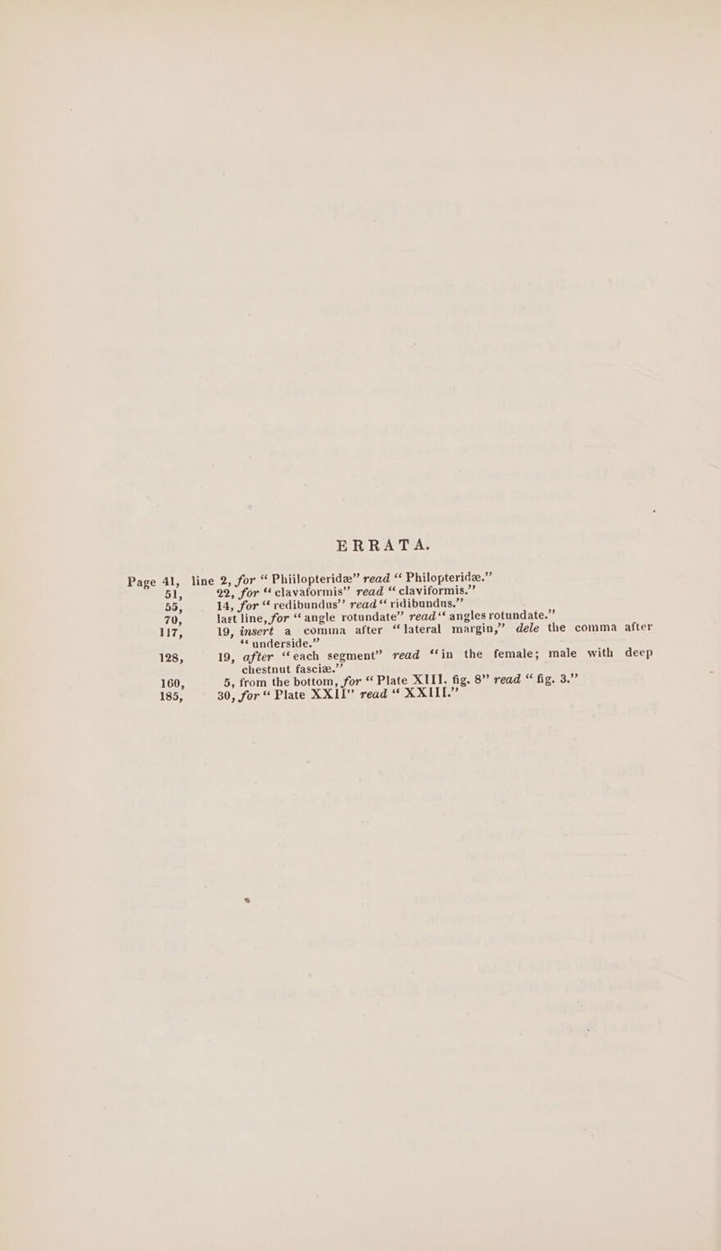 Page 41, ERRATA. line 2, for “ Phiilopteride” read ‘ Philopterida.” 22, for “clavaformis” read “ claviformis.” 14, for “ redibundus” read “ ridibundus.” last line, for “angle rotundate” read“ angles rotundate.” 19, insert a comma after “lateral margin,” dele the comma after ** underside.” 19, after “each segment” read ‘‘in the female; male with deep chestnut fascie.”’ 5, from the bottom, for “ Plate XIII. fig. 8” read “ fig. 3.” 30, for “ Plate XXII” read “ XXIII.”