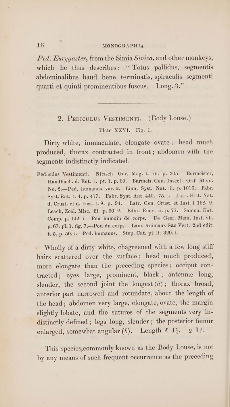 Ped. Eurygaster, from the Simia Sinica, and other monkeys, which he thus describes: ‘‘'Totus pallidus, segmentis abdominalibus haud bene terminatis, spiraculis segmenti quarti et quinti prominentibus fuscus. Long. 3.” 2. Pepicutus Vestimenti. (Body Louse.) Plate XXVI. .Fig. I; Dirty white, immaculate, elongate ovate; head much produced, thorax contracted in front; abdomen with the segments indistinctly indicated. Pediculus Vestimenti. Nitzsch. Ger. Mag. t. iii. p. 305. Burmeister, Handbuch. d. Ent. i. pt. 1. p.60. Burmeis. Gen. Insect. Ord. Rhyn. No. 2.—Ped. humanus, var. 2. Linn. Syst. Nat. ii. p. 1016. Fabr. Syst. Ent. t. 4. p. 417. Fabr. Syst. Ant. 440. 75.i. Latr. Hist. Nat. d. Crust. et d. Inst. t. 8. p. 94. Latr. Gen, Crust. et Inst. i. 168. 2. Leach, Zool. Misc. iii. p.66.2. Edin. Ency.ix.p.77. Samou. Ent. Comp. p. 142. i.—Pou humain de corps. De Geer. Mem. Inst. vii. p- 67. pl. 1. fig. 7.—Pou du corps. Lam. Animaux San Vert. 2nd edit. t. 5. p. 50. i— Ped. humanus. Step. Cat. pt. ii. 329. i. Wholly of a dirty white, chagreened with a few long stiff hairs scattered over the surface; head much produced, more elongate than the preceding species; occiput con- tracted; eyes large, prominent, black; antenne long, slender, the second joint the longest (a); thorax broad, anterior part narrowed and rotundate, about the length of the head; abdomen very large, elongate, ovate, the margin slightly lobate, and the sutures of the segments very in- distinctly defined; legs long, slender; the posterior femur enlarged, somewhat angular (d). Length ¢ lj. @ Ii. This species,commonly known as the Body Louse, is not by any means of such frequent occurrence as the preceding