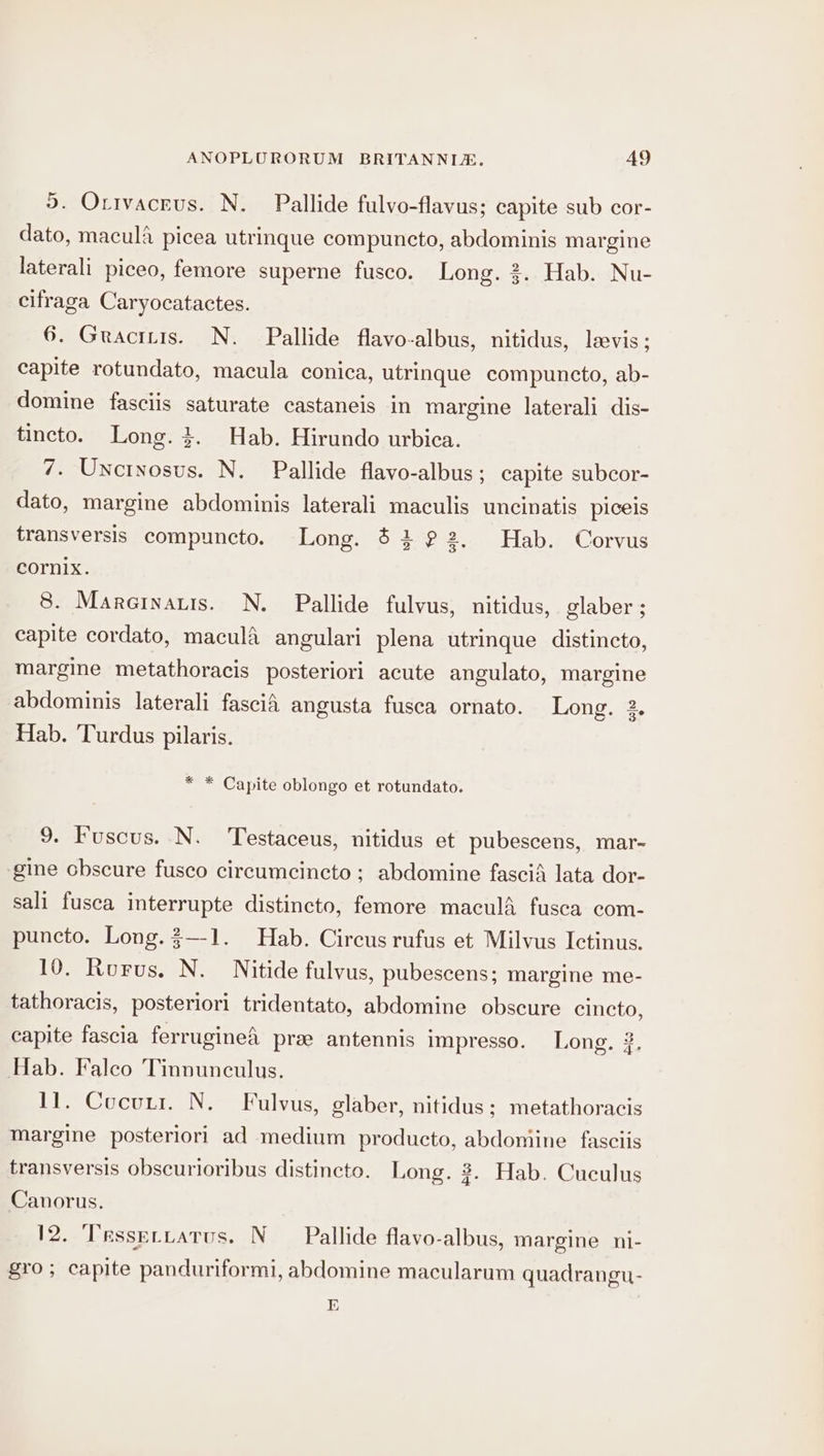 5. Orivacrus. N. Pallide fulvo-flavus; capite sub cor- dato, macula picea utrinque compuncto, abdominis margine laterali piceo, femore superne fusco. Long. .. Hab. Nu- cifraga Caryocatactes. 6. Gracitis. N. Pallide flavo-albus, nitidus, levis: capite rotundato, macula conica, utrinque compuncto, ab- domine fasciis saturate castaneis in margine laterali dis- tincto. Long. 4. Hab. Hirundo urbica. 7. Unctyosus. N. Pallide flavo-albus; capite subcor- dato, margine abdominis laterali maculis uncinatis piceis transversis compuncto. Long. 63922. Hab. Corvus cormix. 8. Marernaris. N. Pallide fulvus, nitidus, glaber ; capite cordato, maculA angulari plena utrinque distincto, marge metathoracis posteriori acute angulato, margine abdominis laterali fasciA angusta fusca ornato. Long. 2. Hab. Turdus pilaris. * * Capite oblongo et rotundato. 9. Fuscus. N. Testaceus, nitidus et pubescens, mar- gine cbscure fusco circumcincto ; abdomine fascia’ lata dor- sali fusca interrupte distincto, femore maculA fusca com- puncto. Long. $—-1. Hab. Circus rufus et Milvus Ictinus. 10. Rorus. N. Nitide fulvus, pubescens; margine me- tathoracis, posteriori tridentato, abdomine obscure cincto, capite fascia ferrugineA pre antennis impresso. Long. 3, Hab. Falco Tinnunculus. 11. Cocuri. N. Fulvus, glaber, nitidus; metathoracis margine posteriori ad medium producto, abdomine fasciis transversis obscurioribus distineto. Long. 3. Hab. Cuculus Canorus. 12. Tessertatus. N Pallide flavo-albus, margine ni- gro; capite panduriformi, abdomine macularum quadrangu- E