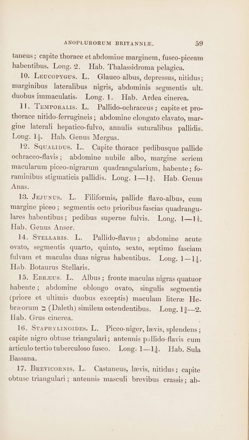 taneus; capite thorace et abdomine marginem, fusco-piceam habentibus. Long. 2. Hab. Thalassidroma pelagica. 10. Leucoryeus. L. Glauco- albus, depressus, nitidus; marginibus lateralibus nigris, abdominis segmentis ult. duobus immaculatis. Long. 1. Hab. Ardea cinerea. 11. ‘Pemporaris. L. Pallido-ochraceus ; capite et pro- thorace nitido-ferrugineis ; abdomine elongato clavato, mar- gine laterali hepatico-fulvo, annulis suturalibus pallidis. Long. 14. Hab. Genus Mergus. 12. Squauipus. L. Capite thorace pedibusque pallide ochraceo-flavis; abdomine nubile albo, margine seriem macularum piceo-nigrarum quadrangularium, habente; fo- raminibus stigmaticis pallidis. Long. 1—13. Hab. Genus Anas. 13. Jesunus. L. Filiformis, pallide flavo-albus, cum margine piceo ; segmentis octo prioribus fascias quadrangu- lares habentibus; pedibus superne fulvis. Long. 1—13. Hab. Genus Anser. 14. Sreztaris. L. Pallido-flavus; abdomine acute ovato, segmentis quarto, quinto, sexto, septimo fasciam fulvam et maculas duas nigras habentibus. Long. 1—1. Hab. Botaurus Stellaris. 15. Eprazus. L. Albus; fronte maculas nigras quatuor habente ; abdomine oblongo ovato, singulis segmentis (priore et ultimis duobus exceptis) maculam literee He- breorum 3 (Daleth) similem ostendentibus. Long. 13-2. Hiab. Grus cinerea. : 16. Srapuytinoipes. L. Piceo-niger, levis, splendens ; eapite nigro obtuse triangulari; antennis pallido-flavis cum articulo tertio tuberculoso fusco. Long. 1—1. Hab. Sula Bassana. 17. Brevicornis. L. Castaneus, leevis, nitidus; capite obtuse triangulari ; antennis masculi brevibus crassis; ab-