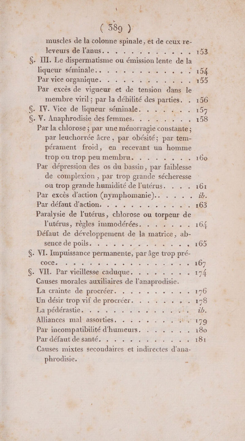muscles de la colonne spinale, et de ceux re- leveurs Meddmuss Lu ane Mani $. IT. Le dispermatisme ou émission lente de la liqueur Stninalen se EM ee | PS Par viCC'obsanique. Lu La pan Par excès de vigueur et de tension dans le membre viril ; par la débilité des parties. . $. IV. Vice de liqueur séminale. . . . . . . $. V. Anaphrodisie des femmes. . . . . . . . _ Par la chlorose ; par une ménorragie constante ; par leuchorrée âcre , par obésité; par tem- pérament froid, en recevant un homme trop ou trop peu membru. . . . . . . . Par dépression des os du bassin, par faiblesse de complexion , par trop grande sécheresse ou trop grande humidité de l'utérus. . . . Par excès d'action (nymphomanie).. . . . . Pardélantdactons.r 4 Dhs rome, Paralysie de l'utérus, chlorose ou torpeur de l'utérus, règles immodérées. . . . . . . Défaut de développement de la matrice, ab- MCE poisse. dream Rene $. VE. Impuissance permanente, par âge trop pré- Codes en LS JO ele $. VII Par elRté aa CA a PAPE PE Causes morales auxiliaires de l’anaprodisie. Di crahte de DOC ne + «1.010 Un désir trop vif de procréer. . . . .… , , . Pa pédérastiesse, Je RNA OUT STE Alliances mal assorties. . : . . . . . « Par incompatibilité d’humeurs. . . . . . . Par défaut de santé, . . . . . . . . Re Causes mixtes secondaires et indirectes sua phrodisie. 153 | 155 156