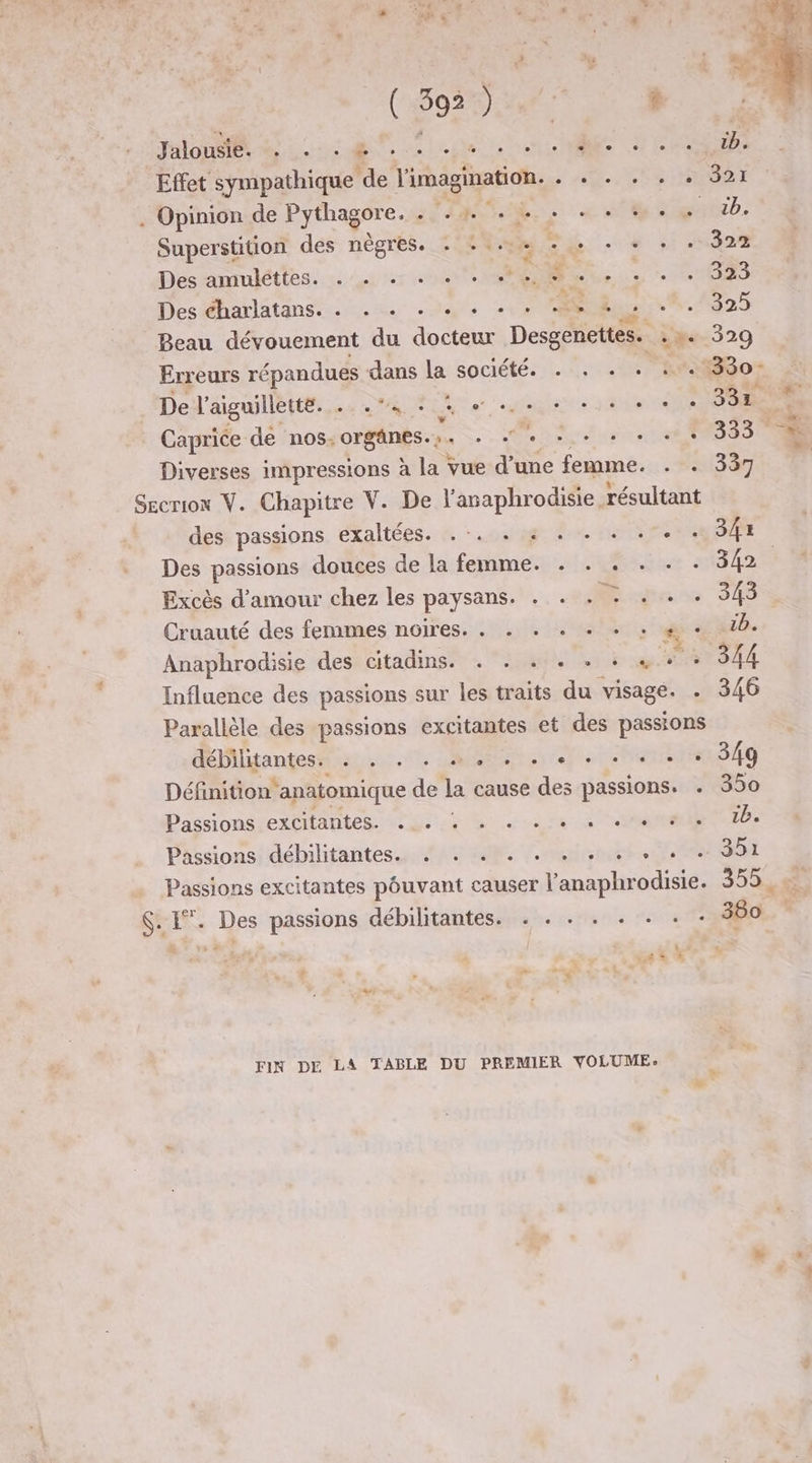 (592%) 24%: è HO ENREE SN. Re Effet sympathique de l'imagination. SAR EST HMODT . Opinion de Pythagore. PRÈS ET SRE OL LE Superstition des nègres. + : ++ : + + + . 322 Des amuléttès.s ot ter ee SR... 00023 des dharlatanstes dr & -De 24 + + 325 Beau dévouement du docteur Desgenettes. 4329 Erreurs répandues dans la société. . . . . 41330 De l'aiguillette. MES ne tte ARE 33 Caprice de nos: organes... RE RP ES An à vin + Diverses impressions à la vue d’une femme. . . 337 | Secrion V. Chapitre V. De l’anaphrodisie, résultant des passions exaltées. .-. . « . . + . . . 34x Des passions douces de la femme. . . . . . . 342. Excès d'amour chez les paysans. . . . : . . . 343 Cruauté des femmes noires. . . . . «+ + . @ «+ nb. Anaphrodisie des citadins. . . .« . + + « P 344 Influence des passions sur les traits du visage. . 346 Parallèle des passions excitantes et des passions Ptltantesnonnus. dt LR left Pere 349 Définition‘anatomique de la cause des passions. . 350 Dassionssextitantes. «2% 5 noie +R Pässions/débilitantes sta. osent. MO Passions excitantes pouvant causer l’anaphr odisie. 355 gi l- Des pASRRE débilitantes. . . . . . . . - 360 . + A * FIX DE LA TABLE DU PREMIER VOLUME: