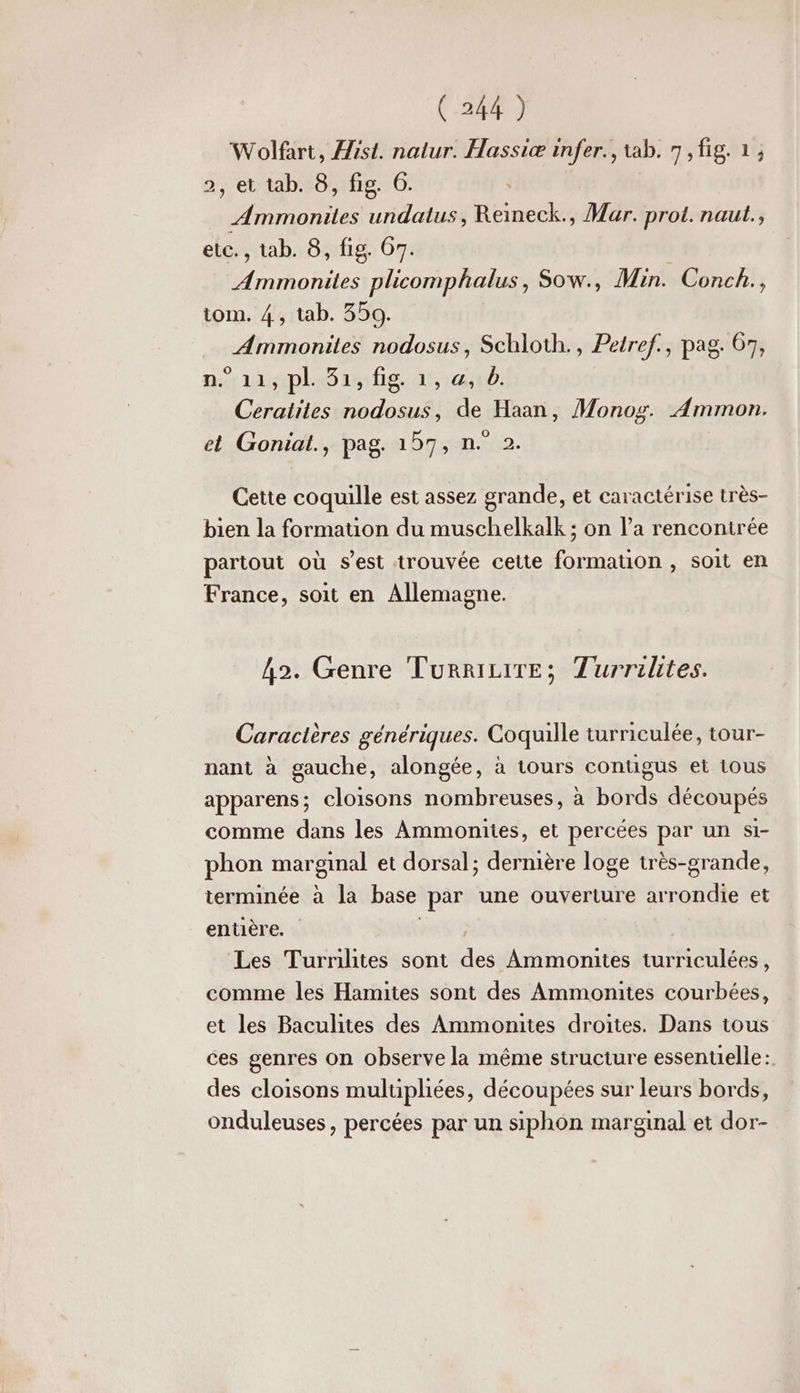Wolfart, Hist. natur. Hassiæ infer., tab. 7, fig. 1, 2, et tab. 8, fig. 6. Ammonites undatus, Reineck., Mar. pro. naut., etc., tab. 8, fig. 67. Ammonites plicomphalus, Sow., Min. Conch., tom. 4, tab. 350. Ammoniles nodosus, Schloth., Petref., pag. 67, mé lisploisfis au; :ad. Ceratites nodosus, de Haan, Monog. Ammon. el Goniat., pag. 157, n° 2. Cette coquille est assez grande, et caractérise très- bien la formation du muschelkalk ; on l’a rencontrée partout où s’est trouvée cette formation , soit en France, soit en Allemagne. 42. Genre Turrizire; Turrilites. Caractères génériques. Coquille turriculée, tour- nant à gauche, alongée, à tours conugus et tous apparens; cloisons nombreuses, à bords découpés comme dans les Ammonites, et percées par un si- phon marginal et dorsal; dernière loge très-grande, terminée à la base par une ouverture arrondie et entière. Les Turrilites sont des Ammonites turriculées, comme les Hamites sont des Ammonites courbées, et les Baculites des Ammonites droites. Dans tous ces genres on observe la même structure essentielle: des cloisons multipliées, découpées sur leurs bords, onduleuses, percées par un siphon marginal et dor-