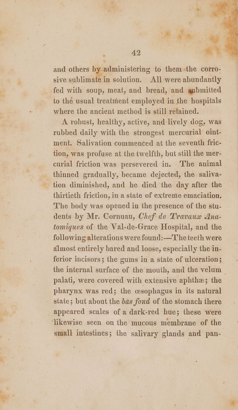 Pee DA and others by administering to them»the corro- sive “ablaiete in solution. All were abundantly fed with soup, meat, and bread, and gubmitted to the usual treatment employed in the hospitals — where the ancient method is still retained. A robust, healthy, active, and lively dog, was rubbed daily with the strongest mercurial oint-_ tion, was profuse at the twelfth, but still the mer- curial friction was persevered in. The animal thinned gradually, became dejected, the saliva- thirtieth friction, in a state of extreme emaciation. The body was opened in the presence of the stu- dents by Mr. Cornuau, Chef de Travaux Ana- tomiques of the Val-de-Grace Hospital, and the following alterations were found: —The teeth were almost entirely bared and loose, especially the in- ferior incisors; the gums in a state of ulceration; the internal surface of the mouth, and the velum — palati, were covered with extensive aphthw; the pharynx was red; the esophagus in its natural state; but about the bas fond of the stomach there appeared scales of a dark-red hue; these were small intestines; the salivary glands and pan-