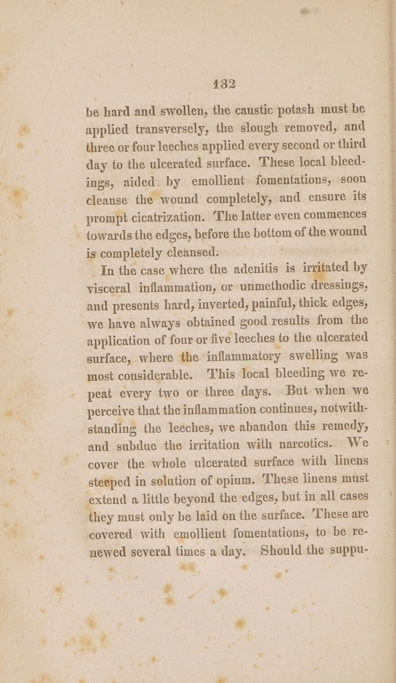 be hard and swollen, the caustic potash must be applied transversely, the slough removed, and three or four leeches applied every second or third day to the ulcerated surface. These local bleed- ings, aided. by emollient fomentations,. soon — cleanse the , wound completely, and ensure its prompt cicatrization. The latter even commences _ towards the edges, before the bottom of the wound is completely cleansed. | _In the case where the adenitis is ur itated by a inflammation, or unmethodic dressings, and presents hard, inverted, painful, thick edges, we have always obtained good results from the — application of four or five leeches to the ulcerated surface, where the inflammatory swelling was most considerable. ‘This local bleeding we re- peat every two or three days. But when we perceive that the inflammation continues, notwith- standing the leéches, we abandon this remedy, and subdue the irritation with narcotics. We cover the whole ulcerated surface with linens steeped in solution of opium. These linens must they must only be laid on the surface. ‘These are covered with emollient fomentations, to be re- newed several times a day. Should the suppu- *. Fi. * * Ce &amp;