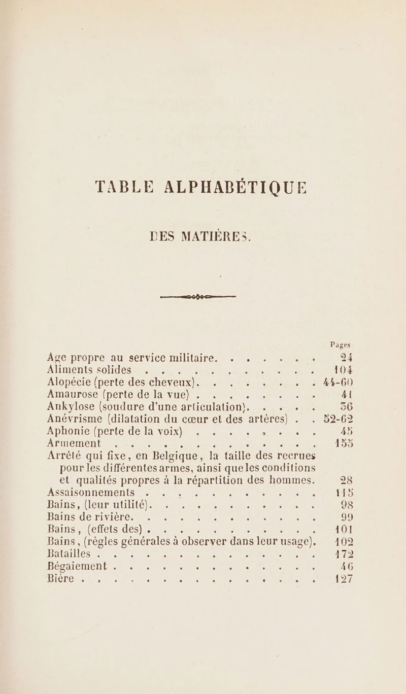 TABLE ALPHABÉTIQUE DES MATIÈRES. AGeiDropre au sérvice MmiHtaire 0... MR NN Aliments solides , A COURT A0: Alopécie (perte des cheveux). PT Amaurose (perte de la vue) . MNT Ankylose (soudure d’une articulation). A va%e Anévrisme (dilatation du cœur et des artères) . Aphonie dé RÉAAUIEES LUSE CRM E MONCHE IEEE over Aee Arrété quitixe, en Belgique , la taille des recrues pour les différentes armes, ainsi que les conditions et qualités propres à la répartition des hommes. ASS ISONICINICNIS 6 de CN NS Bains, Hléurutilité DANS CC TINIC OCR Bains, (effets des) . ; Bains , (règles générales à observer dans leur usage). niet. 0 ANS PU OR CNE ER TAN RE 2 Es CE Ur RE ER JO OT