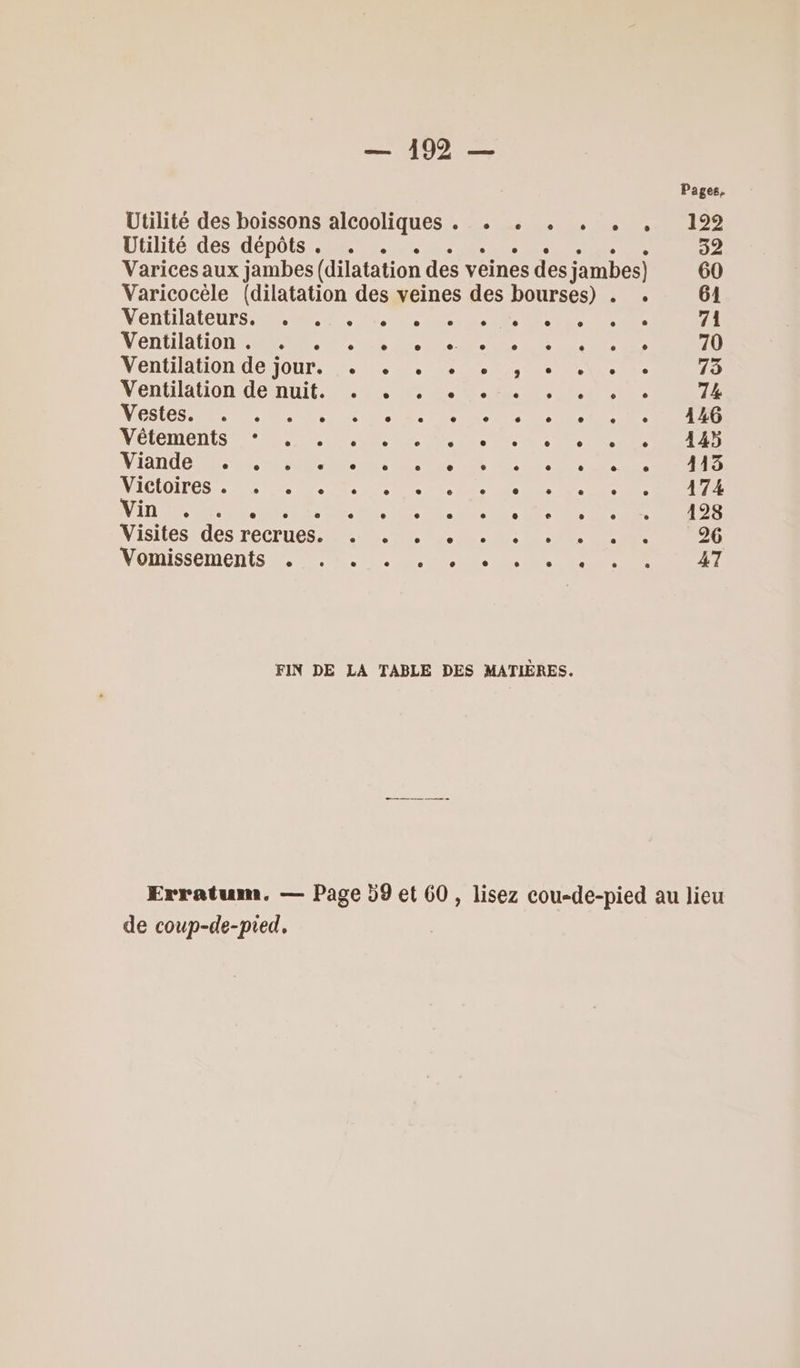 Pages, Utilité des boissons alcooliques . . . , . . , 122 Utilité des dépôts. . . Ne 32 Varices aux jambes (dilatation. des veines des jambes) 60 Varicocèle (dilatation des veines des bourses) . . 61 MODUIAlEUTS MEME Sn, Re nl 71 MENUIlAtIOI ONE UT SC PC LR 70 Ventilation de jour. +. . . . + , + . . . 75 Mention ent es M 00e 74 Vestes. AS . se Ds Volts lili N'CICIMBDIS TN NS A 2 ol El. MIAGE ER de Le les AUS AS de Re DAÉIQTOS RE TA RE 174 Vin . us ENT PRE dE 128 Visites des recrues. A ae I LE: es: 26 Vomissements . HR DR. 47 FIN DE LA TABLE DES MATIÈRES. Erratum,. — Page 59 et 60, lisez cou-de-pied au lieu de coup-de-pied.