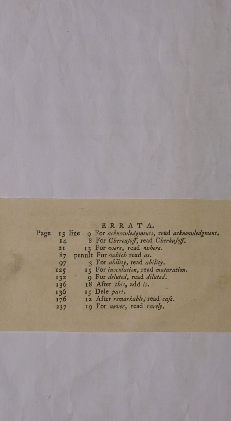 Page ERRATA. 14 21 87 97 125 132 136 136 176 237 8 For Cherea/off, read Cherka/off. 13 For were, read where. penult For which read as. 3 For abllity, read ability. 15 For inoculation, read maturation. g For deluted, read diluted. 18 After ¢hzs, add is. 15 Dele part. 12 After remarkable, read cafe. 19 For ever, read rarely.