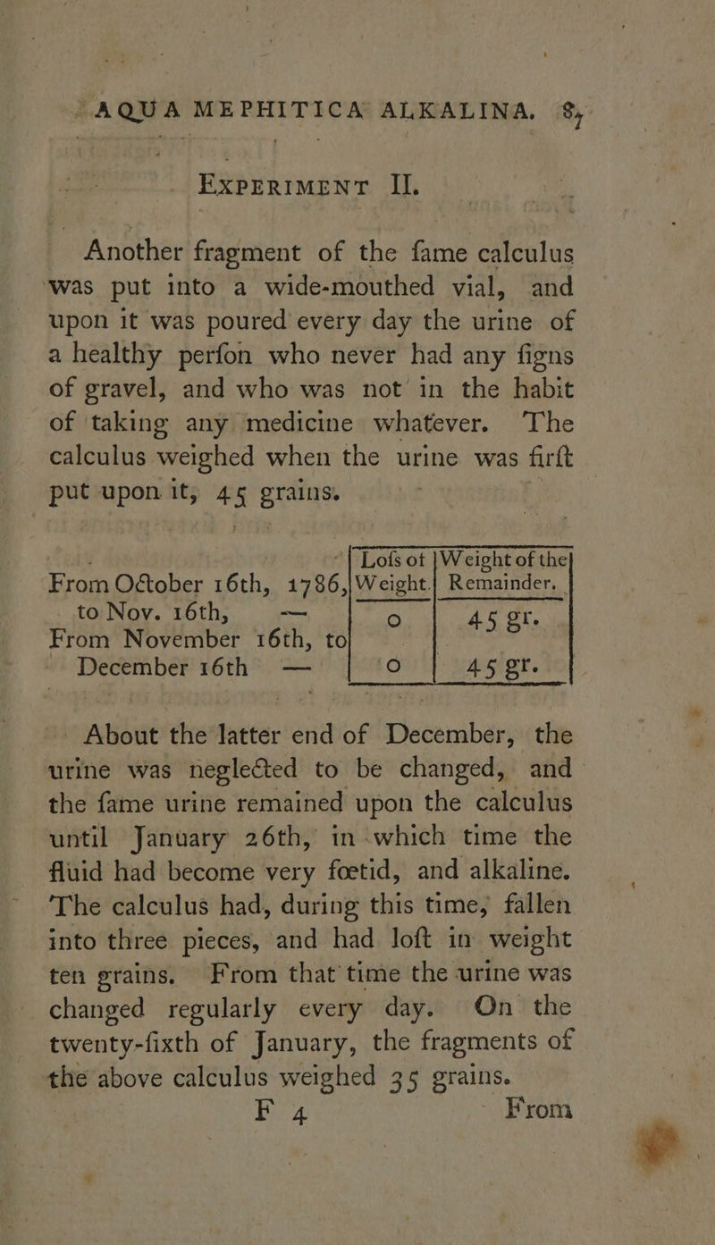 EXPERIMENT MII, Another fragment of the fame calculus was put into a wide-mouthed vial, and upon it was poured every day the urine of a healthy perfon who never had any figns of gravel, and who was not in the habit of taking any medicine whatever. The calculus weighed when the urine was firtt sie upon it, #5 sine : Lofs ot |Weight of the From Ogtober 16th, 1786,)Weight) Remainder, | to Nov. 16th, — Sian From Ri uniber 16th, to ¥ | 45 8! eA 16th — 0 45 gr. tibiae ‘ities latter end of December, the urine was neglected to be changed, and_ the fame urine remained upon the calculus until January 26th, in which time the fluid had become very foetid, and alkaline. The calculus had, during this time, fallen into three pieces, and had loft in weight ten grains. From that time the urine was changed regularly every day. On the twenty-fixth of January, the fragments of the above calculus weighed 35 grains. F 4 ~ From