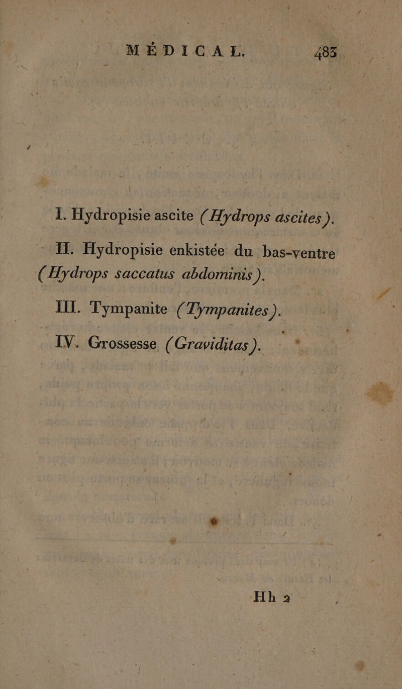 I. Hydropisie ascite ( Hydrops ascites). AE, Hydropisie enkistée du bas-ventre (Hydrops saccatus abdominis ). | IL. Tympanite ( T}mpanites 17 IV. Grossesse C Graviditas 2 Hh 2