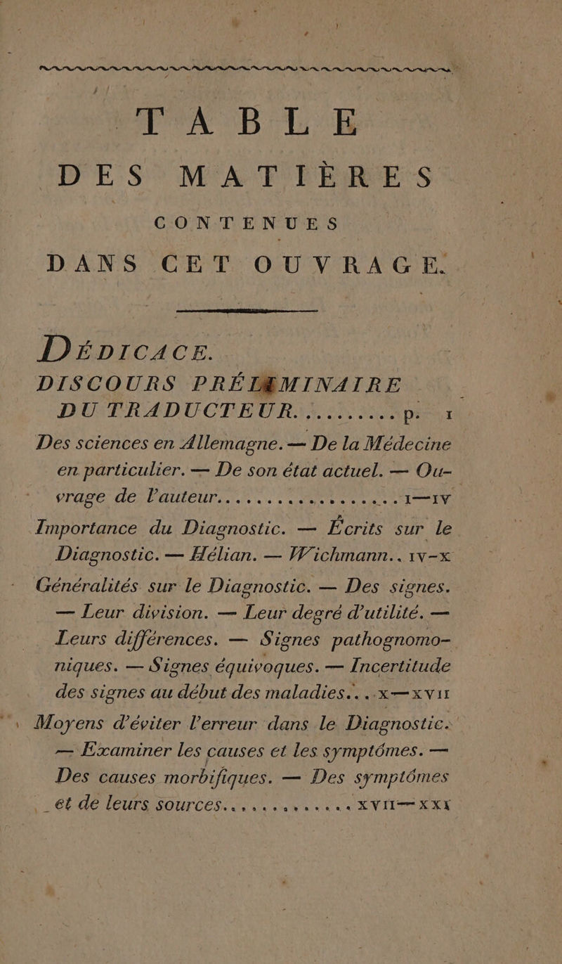 La T'ON T'E DES MATIÈRES FA CONTENUES DANS CET OUVRAGE. DéprcAceE. DISCOURS PRÉIMMINAIRE DUT RADLUCREUR: pe 7 Des sciences en Allemagne.— De la Médecine en particulier. — De son état actuel. — Ou- rage de l'auteur... . ee + se © © © © © _e I—IV Importance du ns — Écrits sur le Diagnostic. — Hélian. — Wichmann.. 1v-x Généralités sur le Diagnostic. — Des signes. — Leur division. — Leur degré d'utilité. — Leurs différences. — Signes pathognomo- niques. — Signes équivoques. — Incertitude des signes au début des maladies... ..x—xvu “ Moyens d'éviter l'erreur dans le Diagnostic: — Examiner les causes et les symptômes. — Des causes morbifiques. — Des symptômes ét dé leurs sources... Re CXVIT KE