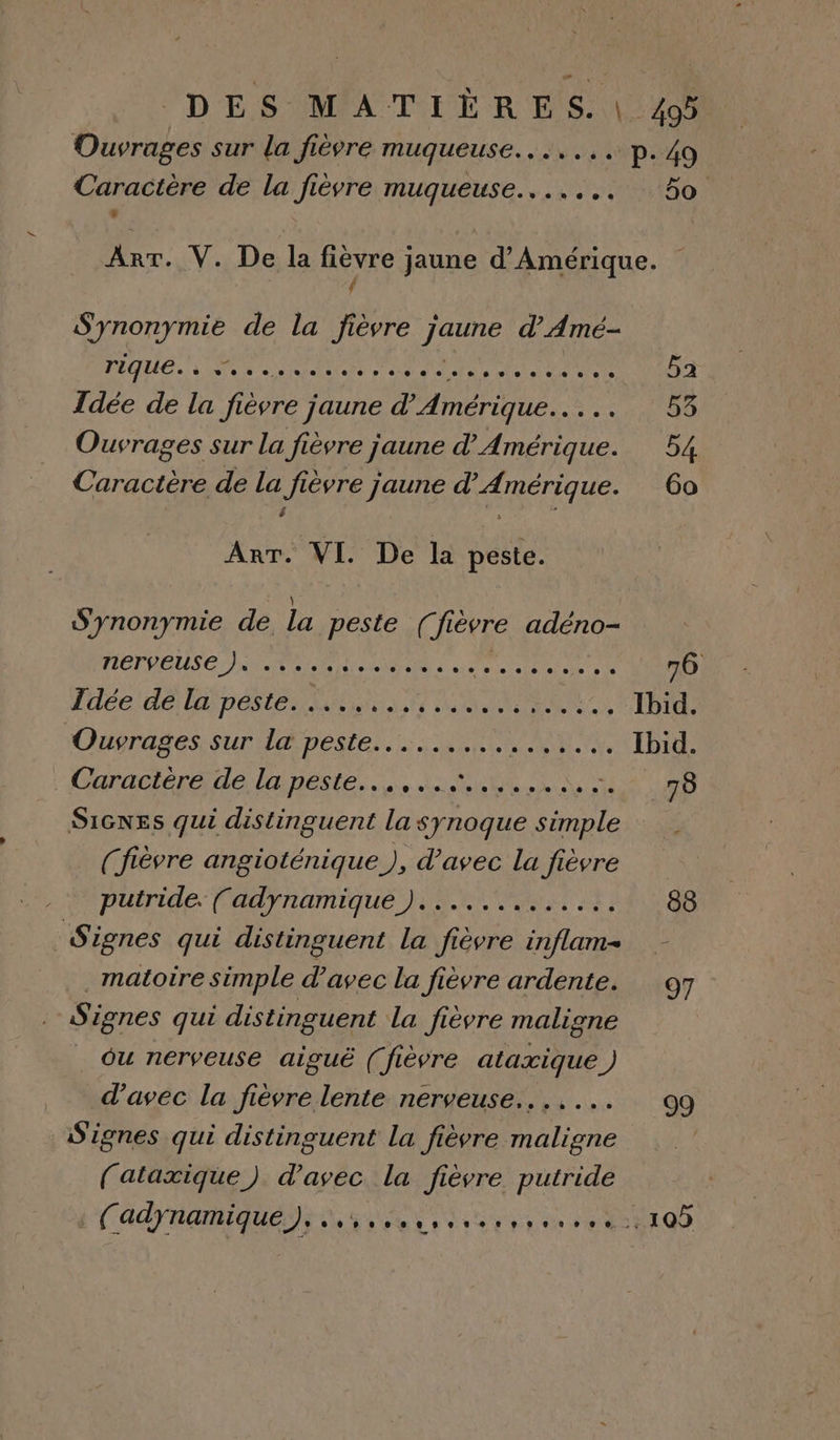 Ouvrages sur la fièvre muqueuse... ... p.40 Caractère de la fièvre muqueuse... .... 50 ART. V. De la HE jaune d'Amérique. Synonymie de la ” ièvre JU d’Amé- DÉQUE. LAVT CU SERQE à OS le ets 5a Idée de la fée lèvre jaune d'Amérique ee 53 Ouvrages sur la fièvre jaune d'Amérique. 54 Caractère de la fièvre jaune d'Amérique. 60 Arr. VI. De la peste. S'ynonymie de la peste (fièvre adéno- ROFHEUSE PNR NEES 2 où à Poe dé 76 Tdée dé lainéste NT NN ... Ibid. Ouvrages sur la peste......... EVE, Ibid. Garactare/deélaneéste.... à: ur RS 148 ED SIGNES qui distinguent la synoque simple (fièvre angioténique.), d'avec la fièvre putride: fladynamiqué HAE RAT: 88 Signes qui distinguent la fièvre inflam- _ matoire simple d’avec la fièvre ardente. 97 . Signes qui distinguent la fièvre maligne _ Ou nerveuse aiguë ( fièvre ataxique 5) d'avec la fièvre lente nerveuse... .... 09 Signes qui distinguent la fièvre maligne (ataxique ) d'avec la fièvre putride FAdyRamIquee, ANR er 0 EL O0
