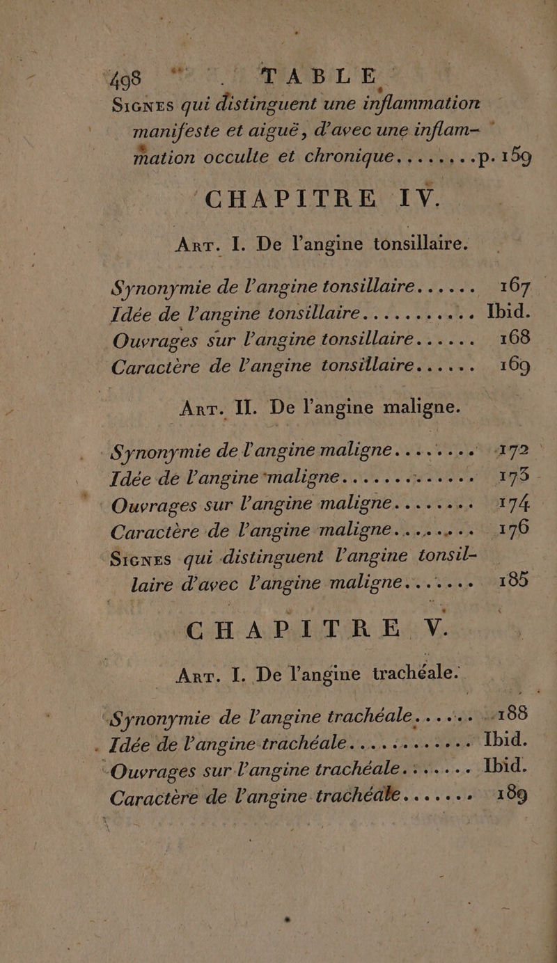 9272 Le AN CA TABLE S1GNEs qui distinguent une inflammation | Éhopals et aiguë, d'avec une inflam- mation occulte et chronique. ....,..p.159 CHAPITRE IV. Arr. I. De l’angine tonsillaire. Synonymie de l’angine tonsillaire...... 167. Idée de l’angine LONSULATE NES - 4 da . Ibid. Ouvrages sur l’angine tonsillaire. . Li Caractère de l’angine tonsillaire...... 169 Arr. Il. De l'angine maligne. Synonymie de l'angine maligne... x SOLE à 0 DE Idée de l’anginemaligne....... AMONT : Ouvrages sur l’angine maligne. ....... 174 Caractère de l’'angine maligne... .….. 176 Sicnes qui distinguent l’angine tonsil- laire d'avec l’angine maligne. 556100 CHAPITRE v Arr. I. De l’angine trachéale. “Synonymie de l’angine trachéale... 188 . Idée de l'angine trachéale............ Ibid. Ouvrages sur l’angine trachéale. : Ibid. Caractère de l’angine trachéale....... | 11e en