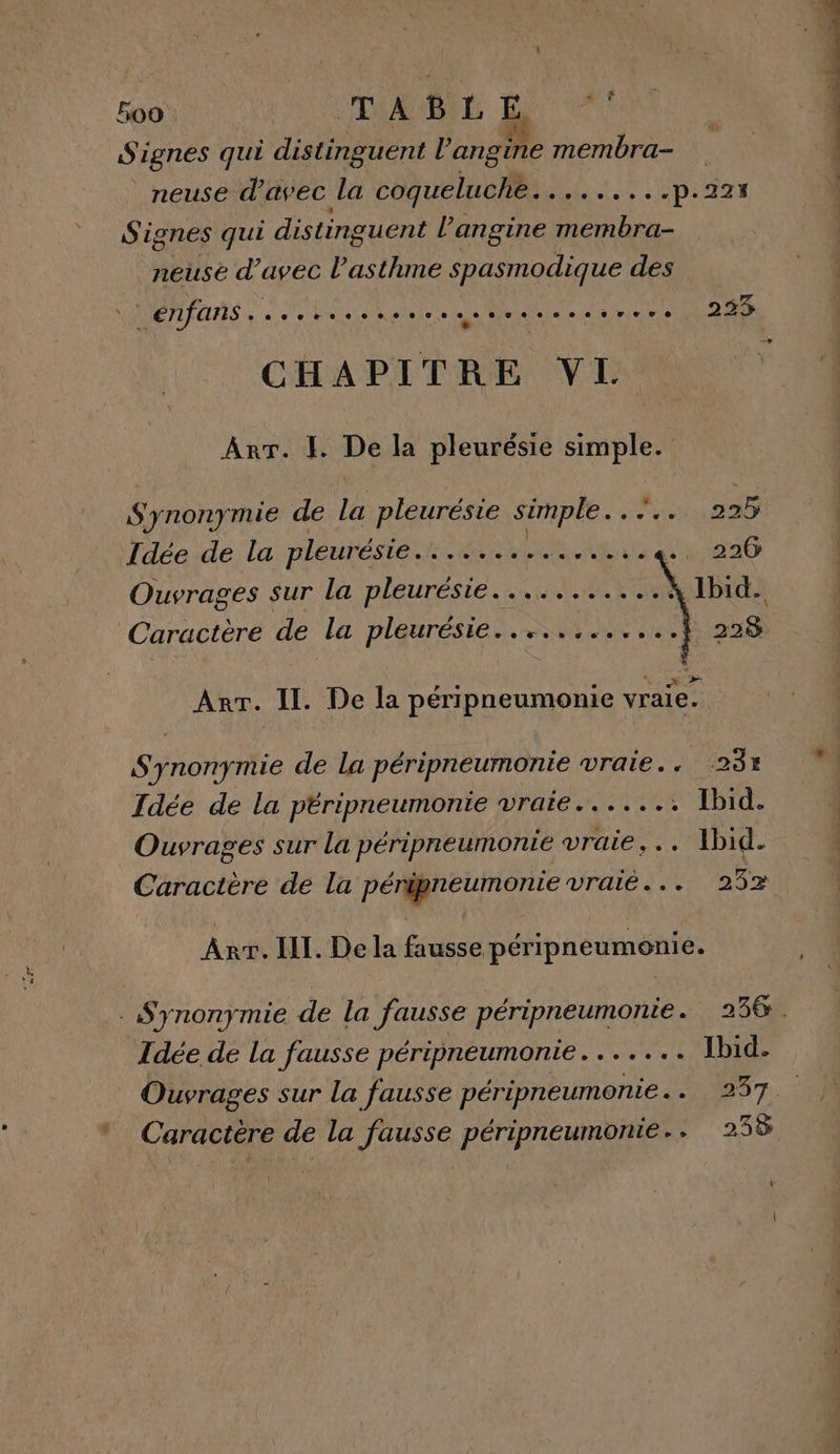 ve TE 15 Signes qui distinguent l’angine membra- LS | neuse d'avec la coqueluche. Mein ODAR TI Signes qui disting ouent l’angine membra- neuse d'avec l'asthme spasmodique des CHAPITRE VL ART. . De la pleurésie simple. Synonymie de ve pleurésie simple. RE, Tdée de la pleuréstéss es pie) 026 Ouvrages sur la pleurésie...........: Arr. IL. De la péripneumonie vraie. Synonymie de la péripneumonie vraie. . 035 M Idée de la péripneumonie vraie......: Ibid. Ouvrages sur la péripneumontie vraie... Ibid. Caractère de la péripneumonie vraie... 252 AMC RIT De la fausse péripneumonie. Idée de la fausse péripneumonie....... Ibid. Ouvrages sur la fausse péripneumonie.. 237. Caractère de la fausse péripneumonie.. 238