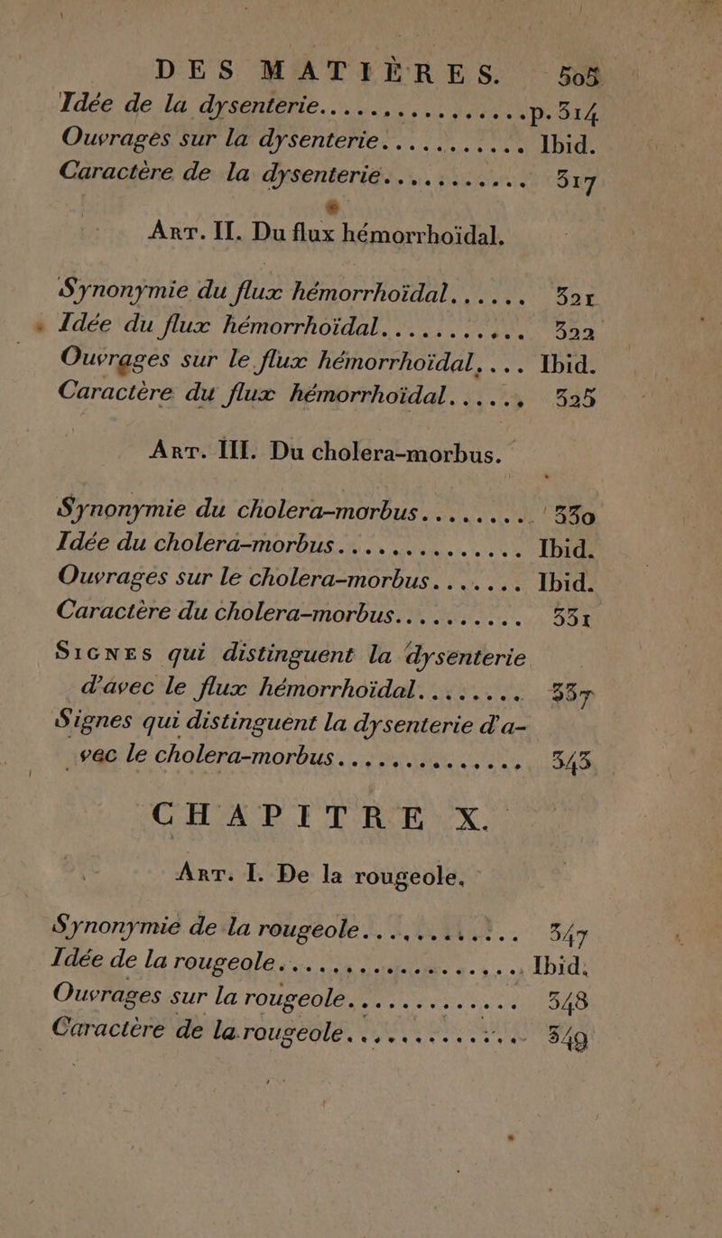 . DES NATIVRES Boÿ. Idée de la AYRIERE 0e VAPaRR p.314 Ouvrages sur la dysenterie..... 1008 Sat ns Ibid. æ S'ynonymie du Le Rénon host AAC ES 32r Idée du flux hémorrhoïdal. ....... és 02 Ouvrages sur le flux hémorrhoïdal, ... Ibid. Caractère du flux hémorrhoïdal. 335 Arr. III. Du cholera-morbus. ë S'ynonymie du cholera-morbus........ 330 Idée du cholera-morbus.............. Ibid. Ouvrages sur le cholera-morbus. . ..... Ibid. Caractère du cholera-morbus.......... 351 SIGNES qui distinguent la dysenterie davec le flux hémorrhoïdal........ .…. 85 Signes qui distinguent la dysenterie d'a- vec Le cholera-morbus RP OP TANE 343 CHA PE TRE UX. Arr. I. De la rougeole, : Synonymie de la rougeole...,...,.:.. 347 Ltée de la rauséole.:: Eee . Ibid. Ouvrages sur La rougeole. . Lis AE era 348