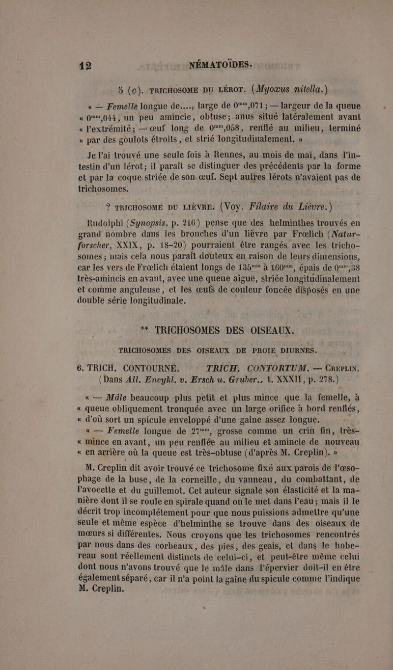 5 (c). TRICHOSOME DU LÉROT. (Myoœus mitella.) « — Femelle longue de...., large de 0°*,071 ; — largeur de la queue « 0,044, un peu amincie, obtuse; anus situé latéralement avant « l'exirémité; — œuf long de 0,058, renflé au milieu, terminé « par des goulots étroits , et strié longitudinalement. » Je l'ai trouvé une seule fois à Rennes, au mois de mai, dans l’in- testin d’un lérot; il paraît se distinguer des précédents par la forme et par la coque striée de son. œuf. Sept autres lérots w’avaient pas de trichosomes. ? TRICHOSOME DU LIÈVRE. (Voy. Filaire du Lièvre.) Rudoiphi (Synopsis, p. 216) pense que des helminthes trouvés en grand nombre dans les bronches d’un lièvre par Freœlich (Natur- forscher, XXIX, p. 15-20) pourraient être rangés avec les tricho- somes ; mais cela nous paraît douteux en raison de leurs dimensions, car les vers de Frælich étaient longs de 135 à 160*, épais de 0,38 très-amincis en avant, ayec une queue aiguë, striée longitudinalement et comme anguleuse, et les œufs de couleur foncée disposés en une double série longitudinale. ** TRICHOSOMES DES OISEAUX. TRICHOSOMES DES OISEAUX DE PROIE DIURNES. 6. TRICH. CONTOURNÉ. TRICH. CONTORTUM. — CREPLIN. (Dans AU. Encykl. v. Ersch u. Gruber., t. XXXIT, p. 278.) « — Mâle beaucoup plus petit et plus mince que la femelle, à « queue obliquement tronquée avec un large orifice à bord renflés, « d’où sort un spicule enveloppé d’une gaîne assez longue. « — Femelle longue de 27, grosse comme un crin fin, très- « mince en avant, un peu renflée au milieu et amincie de nouveau « en arrière où la queue est très-obtuse (d’après M. Creplin). » M. Creplin dit avoir trouvé ce trichosome fixé aux parois de l’œso- phage de la buse, de la corneille, du vanneau, du combattant, de lavocette et du guillemot. Cet auteur signale son élasticité et la ma- nière dont il se roule en spirale quand on le met dans l’eau; mais il le décrit trop incomplétement pour que nous puissions admettre qu’une seule et même espèce d’helminthe se trouve dans des oiseaux de mœurs si différentes. Nous croyons que les trichosomes rencontrés par nous dans des corbeaux, des pies, des geais, et dans le hobe- reau sont réellement distincts de celui-ci, et peut-être même celui dont nous n'avons trouvé que le mâle dans l’épervier doit-il en être également séparé, car il n’a point la gaine du spicule comme l'indique M. Creplin.