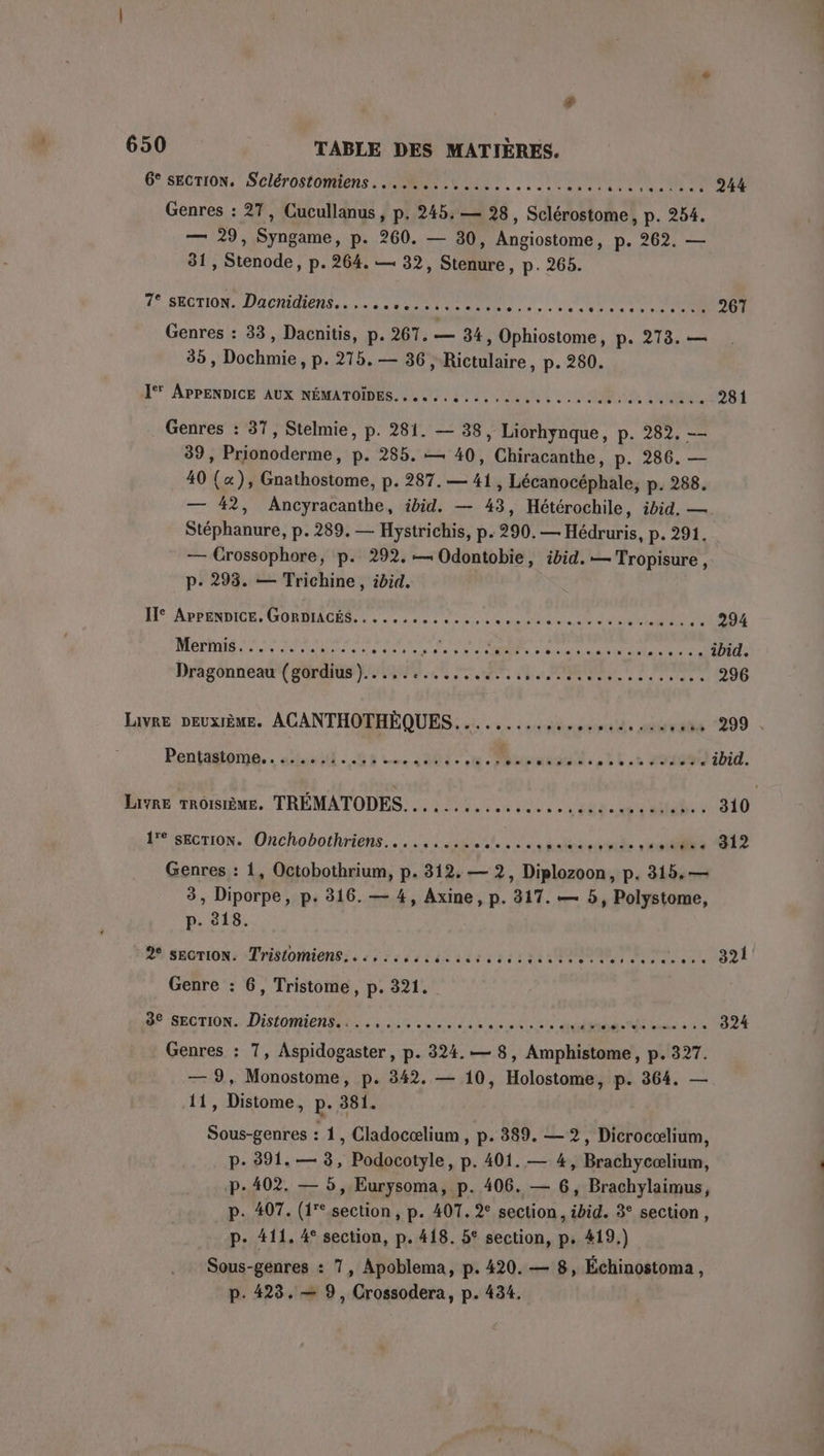 6° SECTION. Sclérostomiens..... RU Le deu Ne A NE 244 Genres : 27, Cucullanus, p. 245. — 28, Sclérostome, p. 254. — 29, Syngame, p. 260. — 30, Angiostome, p. 262. — 31, Stenode, p. 264. — 32, Stenure, p. 265. 4° SECTION. DACRIGIENS.. sr cet 1e US Ré Rs Ra RE 267 Genres : 33, Dacnitis, p. 267. pis 34, Ophiostome, p. 218. — 830, Dochmie, p.215. — 36 , Rictulaire, p. 280. APPENDICE AUX NEMATOIDES. 44 DSL URL Le dot 281 Genres : 37, Stelmie, p. 281. — 38, Liorhynque, p. 282. — 39, Prionoderme, p. 285. — 40, Chiracanthe, p. 286. — 40 (x), Gnathostome, p. 287. — 41, Lécanocéphale, p. 288. — 42, Ancyracanthe, ibid. — 43, Hétérochile, ibid, — Stéphanure, p.289. — Hystrichis, p.290. — Hédruris, p. 291. — Crossophore, p. 292. -— Odontobie, ibid. — Tropisure, p. 293. — Trichine, ibid. F1 APFENDION OBMAOR Un cac se vence ee M CEE 294 dE nv RE RE a ASIE A” ef Pa RENAN Pt HE RE ibid. Dragonneau (gordius).......,........, DPI L eceodie 296 Livre DEUXIÈME. ACANTHOTHÉQUES............ movie ess “299 . Pentagtome.. staniité. Ms ue à VU ET APPLE UNE RAM CT À ibid. Lime Trôistème. TRÉMATODES...... ces dcee cocotte. 310 1° SECTION. Onchobothriens.......... ARLES RE sé “91? Genres : 1, Octobothrium, p. 312, — 2, Diplozoon, p. 315.— 3, Diporpe, p. 316. — 4, Axine, p. 317. — 5, Polystome, P- 318. 2° seorion. Tristomiens...,..... PAPER ENS A PEÉA O2 Genre : 6, Tristome, p. 321. A :SEOTION DISONS ut SR aie 324 Genres : 7, Aspidogaster, p. 324. — 8, Amphistome, p. 327. — 9, Monostome, p. 342. — 10, Holostome, p. 364. — 11, Distome, p. 381. Sous-genres : 1, Cladocælium, p. 389. — 2, Dicrocælium, p. 391. — 8, Podocotyle, p. 401. — 4, Brachycælium, p.402. — 5, Eurysoma, p. 406. — 6, Brachylaimus, p. 407. (1* section, p. 407. 2° section, ibid. 3° section, p. 411. 4° section, p. 418. 5° section, p. #19.) Sous-genres : 7, Apoblema, p. 420. — 8, Échinostoma, p. 423. — 9, Crossodera, p. 434.