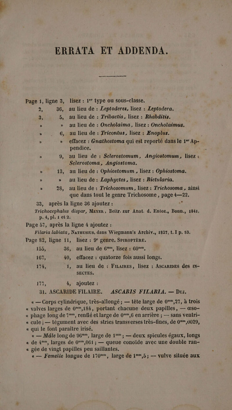 ERRATA ET ADDENDA. “ Page 1, ligne 3, lisez : 1° type ou sous-classe. PA 36, au lieu de : Leptoderes, lisez : Leptodera. 3, 5, au lieu de : Tribactis, lisez : Rhabditis. » » au lieu de : Oncholaima, lisez : Oncholaimus. » 6, au lieu de : Tricontus, lisez : Enoplus. » » _effacez : Gnathostoma qui est reporté dans le 1° Ap- pendice. f - 9, au lieu de : Sclerostomum, Angiostomum, lisez : Sclerostoma, Angiostoma. » 13, au lieu de : Ophiostomum , lisez : Ophiostoma. » » au lieu de : Laphyctes, lisez : Rictularia. » 28, au lieu de : Trichosomum, lisez : Trichosoma , ainsi que dans tout le genre Trichosome , page 4—22, 33, après la ligne 36 ajoutez: de Trichocephalus dispar, Meyer, Beitr. zur Anat. d. Entoz., Bonn., 1841, p.4,pl.1et2. Page 57, après la ligne 4 ajoutez : Filaria labiata, Narausius, dans Wiegmann’s Archiv., 1837, ?. I p. 53. Page 82, ligne 11, lisez : 9° genre. SPIROPTÈRE. 155, 36, au lieu de 6, lisez : 60%, 167, 40, effacez : quatorze fois aussi longs. 174, 1, au lieu de : FiILAIRES, lisez : ASCARIDES des 1N- SECTES. res 4, ajoutez : 31. ASCARIDE FILAIRE. ASCARIS FILARIA. — Dus. « — Corps cylindrique, très-allongé ; — tête large de 0,27, à trois « valves larges de 0,184, portant chacune deux papilles, — æœso- « phage long de 7, renflé et large de 0”,6 en arrière ; — sans ventri- « cule ; — tégument avec des stries transverses très-finés, de 0,002, « qui le font paraître irisé. « — Mâle long de 96, large de 1° ; — deux spicules égaux, longs « de 4», larges de 0,061 ; — queue conoïde avec une double ran- « gée de vingt papilles peu saillantes. « — Femelle longue de 170, large de 1,5 ; — vulve située aux