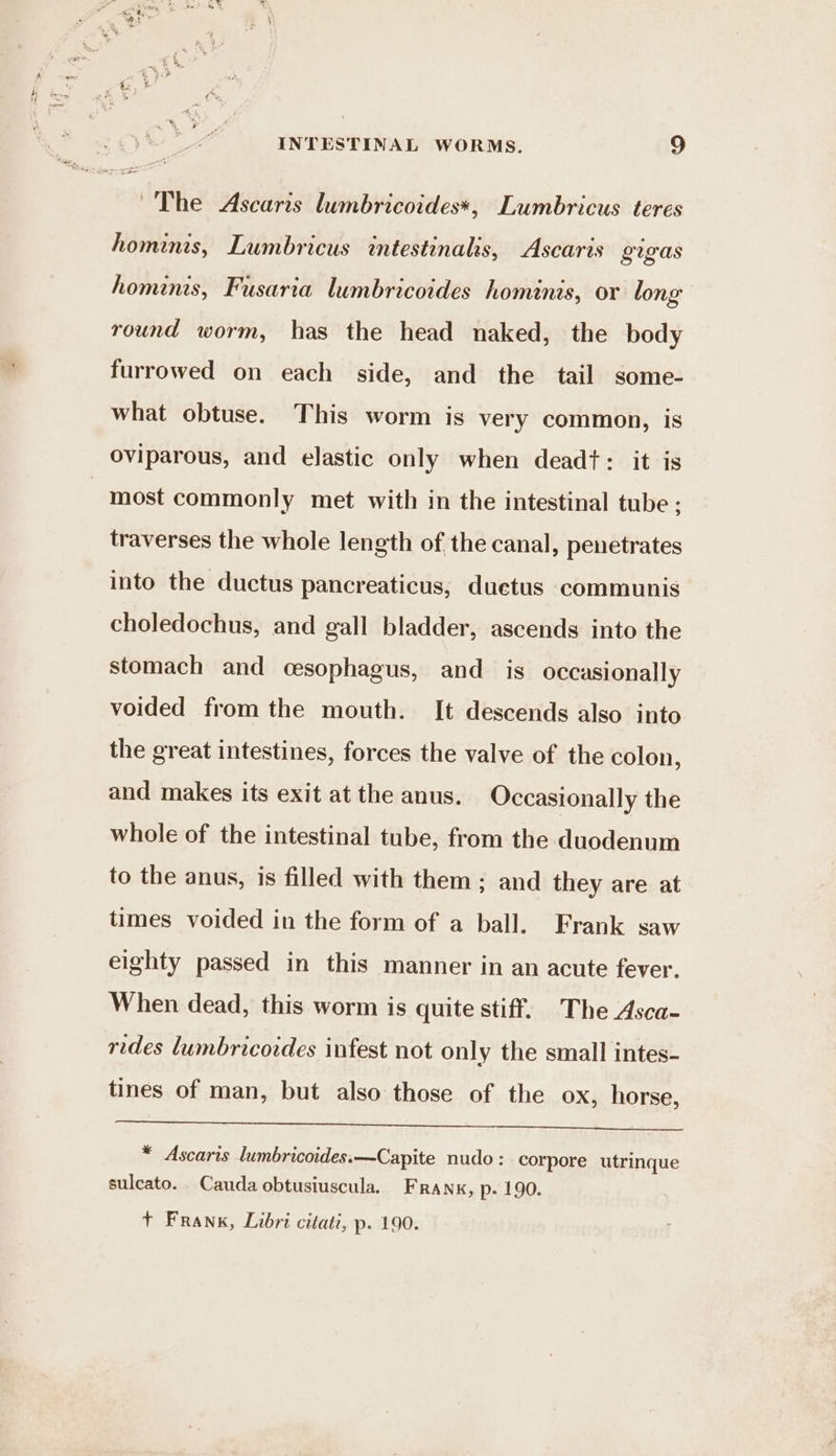 ~The Ascaris lumbricoides*, Lumbricus teres homims, Lumbricus intestinalis, Ascaris gigas homins, Fusaria lumbricoides hominis, or long round worm, has the head naked, the body furrowed on each side, and the tail some- what obtuse. This worm is very common, is oviparous, and elastic only when deadt: it is most commonly met with in the intestinal tube ; traverses the whole length of the canal, penetrates into the ductus pancreaticus, duetus communis choledochus, and gall bladder, ascends into the stomach and cesophagus, and is occasionally voided from the mouth. It descends also into the great intestines, forces the valve of the colon, and makes its exit at the anus. Occasionally the whole of the intestinal tube, from the duodenum to the anus, is filled with them; and they are at times voided in the form of a ball. Frank saw eighty passed in this manner in an acute fever. When dead, this worm is quite stiff. The Asca- rides lumbricoides infest not only the small intes- tines of man, but also those of the ox, horse, So enon as CFE 7 Se eT ENTS * Ascaris lumbricoides.—Capite nudo: corpore utrinque sulcato. . Cauda obtusiuscula. F RANK, p. 190.