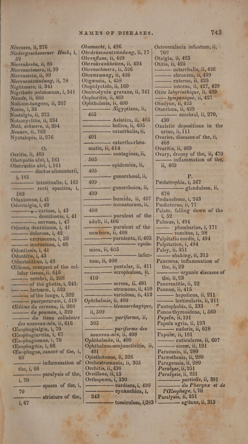 Niedergeschossener Hick, 1, 52 Nierenkrebs, ii, 85 Nierenschmerz, ii, 99 Nierenstein, ii, 99 Nierenentziindung, ii, 78 Nightmare, ii, 341 Nigritado pulmonum, i, 341 Neuds, ii, 666 Noli-me-tangere, ii, 207 Noma, i, 33 Nostalgia, ii, 375 Notamyclitis, ii, 234 Noth, schwere, ii, 294 Nouure, ii, 702 Nyctalopia, ii, 276 O. Oaritis, ii, 469 Obstipatio alvi, i, 161 Obstructio alvi, i, 161 ductus alimentarii, i, 161 intestinalis, i, 161 recti spastica, i, 183 ? Odaxismus, i, 41 Odontalgia, i, 42 ———--- cariosa, i, 43 .- dentitionis, i, 41 ——.. nervosa, i, 47 Odontia dentitionis, i, 4] — dolorosa, i, 42, - — exerescens, i, 50 ——— incrustans, i, 48 Odontiasis, i, 41 Odontitis, i, 43 Odontolithus, i, 48 ; (&amp;idema, compact of the cel- _lular tissue, Ii, 616 — ——— cerebri, ii, 268 of the glottis, i, 241: —-~— lactonm, i, 529 ——— of the lungs, i, 322 ——— puerperarum, i, 519 (déme du cerveau, ii, 268 ——— du poumon, i, 322 ——— du tissu cellulaire ‘ des nouveau-nés, ii, 616 (Esophagialgia, i, 70 (Esophagiarctia, i, 67 (Esophagismus,-i, 70 - Esophagitis, i, 66 (sophagus, cancer of the, i, — inflammation of the, i, 66 paralysis of the, i, 70 . —— spasm of the, i, 70 — stricture of the, i, 67 ; Ohrenkrankheiten, ii, 424 Ohrenschmerz, ii, 526 Ohrenzwang, li, 426 Oligemia, 1, 408 Olophlyctide, ii, 160 Oneirodynia gravans, il, 341 Oophoritis, ii, 469 Ophthalmia, ii, 400 Aiigy ptiaca, il, 405 oe Asiatica, ii, 405 bellica, ii, 405 —— catarrhalis, ii, 401 catarrho-rheu- matic, ii, 414 contagiosa, il, ———e . 505 —— epidemica, ii, 405 gonorrheeal, ii, 409 gonorrhoica, il, 409 humida, ii, 407 neonatorum, ii, 408 ——— purulent of the adult, ii, 406 : —— purulent of the newborn, ii, 408 —— purulenta, ii, 405 epide- — = mica, ii, 405 infan- —— tum, ii, 408 -———-——- scrophulosa, li, A410 serosa, li, 401 — strumous, ii, 410 —. variolosa, ii, 412 Ophthalmie, ii, 400 —_—_—— blennorrhagique, ii, 509 ————— puriforme, ii, 505 puriforme des nouveau-nés, ii, 408 Ophthalmite, ii, 400 Ophthalmo-conjunctivitis, ii, 401 Opisthotonos, ii, 326 Orchestromania, ii, 305 Orchitis, ii, 438 Oreillons, ii, 15 Orthopnea, i, 330 cardiaca, i, 498 cynanchica, i, 4 243 od Tee, —_——— tussiculosa, i,283 | nu ¥ 743 702 Otalgia, ii, 425 Otitis, ii, 425 catarrhalis, ii, 426 chronica, il, 429 externe, ii, 425 interna, ii, 427, 429 Otite labyrinthique, ii, 429° 4 tympanique, ii, 427 Otodyne, ii, 425 . Otorrhea, ii, 429 cerebral, ii, 270, 430 . . Oxalatie depositions in the urine, li, lll | Ovaries, diseases of the, it, 468 Ovary, dronsy of the, ii, 470 ——w— inflammation of the, ii, 469 P. Peedatrophia, i, 567 -glandulosa, ii, 678 Pawdanchone, i, 243 Peedicterus, 11, 77 Palate, falling down of the - 7, 62 ; Palmus, 1, 494 plumbarius, i, 171 vomitus, i, 98 Palpitatio cordis, i, 494 Palpitation, i, 494 Palsy, ii, 251 —-— shaking, ii,.315 Pancreas, inflammation of the, ii, 22 organic diseases of the, ii, 23 Pancreatitis, ii, 22 Pannus, ii, 415 hepaticus, ii, 211 — lenticularis, ii, 211 Pantophobia, ii, 333 Panus thyreoideus, i, 560 Papeln, 1i, 191 Papula agria, ii, 193 sudoris, ii, 618 Papula, ii, 191 cuticulares, ti, 607 sicce, il, L91 Paracusis, ii, 280 Parzesthesia, ii, 280 Parageusia, ii, 280 Paralyse, ii, 251 Paralysie, ii, 251 partielle, ii, 391 du Pharynz. et de l sophage, i, 70. Paralysis, ii, 251 =~ —_——— agitans, ii, 315