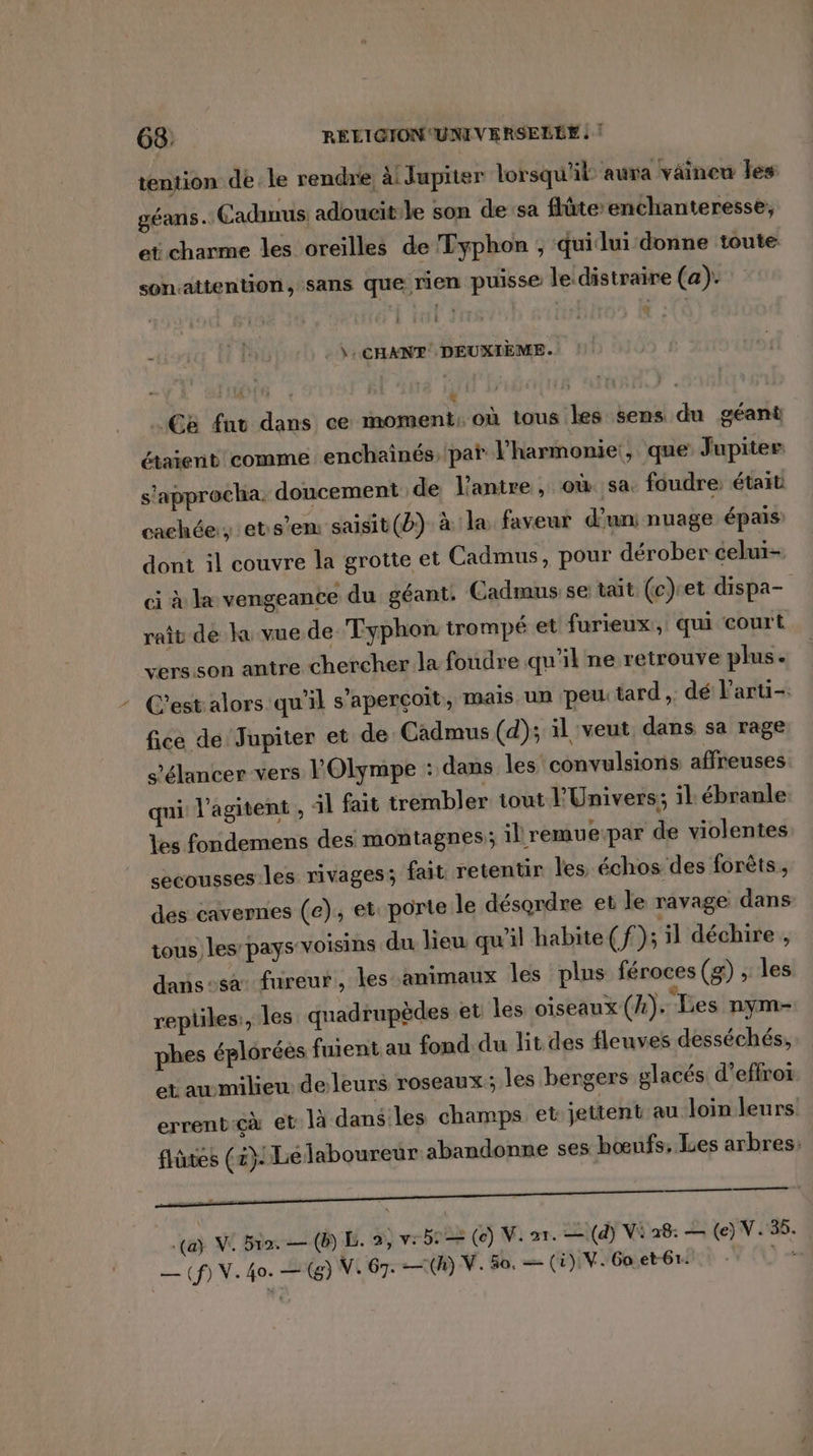 tention de le rendre, à: Jupiter lorsqu'il aura väineu les géans.. Cadnus adoucit le son de’sa flûte enchanteresse; et charme les oreilles de Typhon ; quilui donne toute sonaïtention, sans que rien puisse le.distraire (a). _\: CHANT DEUXIÈME. | \ | | _Cë fut dans ce moment: où tous les sens du géant étaient comme enchainés.paï l’harmomiei, que Jupiter s'approcha. doucement de l’antre, où. sa. foudre: étart cachée, ets'em saisit(b) à la faveur d'un nuage épais dont il couvre la grotte et Cadmus, pour dérober celui- ci à læ vengeance du géant. Cadmus se tait. (cet dispa- rait de k vue de Typhon trompé et furieux, qui court vers son antre chercher la foudre qu'il ne retrouve plus. C'est alors qu'il s'aperçoit, mais un peu tard , dé l’arti-. fice de Jupiter et de Cadmus (d); il veut dans sa rage c'élancer vers POlympe : dans les convulsions affreuses qui l'agitent , 4 fait trembler tout l'Univers; il ébranle les fondemens des montagnes; il remue-par de violentes secousses les rivages; fait retentir les échos des forêts, des cavernes (e), et: porte le désordre et le ravage dans tous les’ pays voisins du lieu qu'il habite (f); il déchire , dans-sa: fureur, les animaux les plus féroces (g) , les repliles, les quadrupèdes et les oiseaux (A). Les nym- phes éplorées fuient au fond du lit des fleuves desséchés, et au milieu deleurs roseaux; les bergers glacés d'effroi errent:çà et là danéiles champs et jettent au loin leurs flûtes (2): Lelaboureur abandonne ses hœufs, Les arbres: {a VE Buo. — (b) LB. 2, v: (e) V. 21. —(d) Vi 28: — (e) V.35.