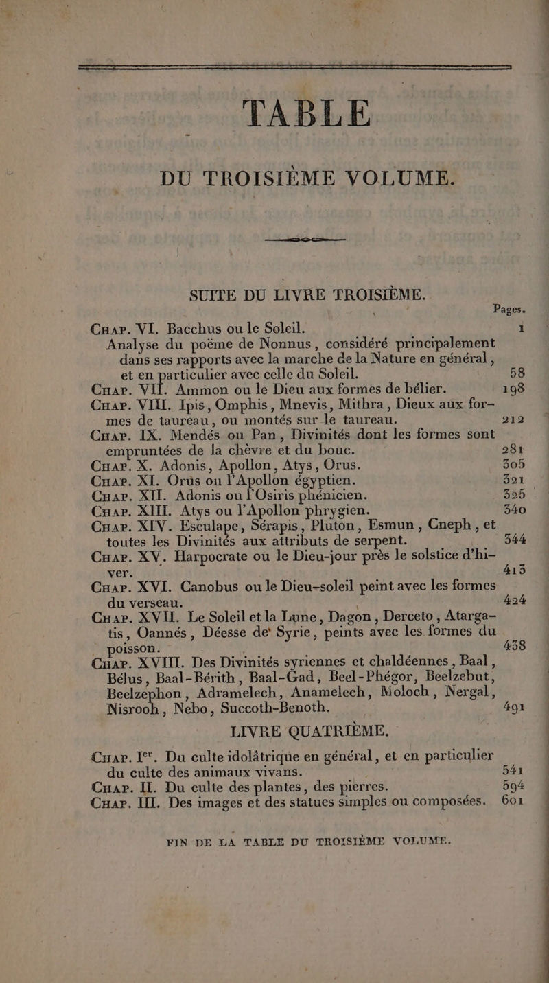 TABLE DU TROISIÈME VOLUME. SUITE DU LIVRE TROISIÈME. F Pages. Caar. VI. Bacchus ou le Soleil. 1 Analyse du poëme de Nonnus, considéré principalement dans ses rapports avec la marche de la Nature en général, et en particulier avec celle du Soleil. 58 Car. VII. Ammon ou le Dieu aux formes de bélier. 198 Car. VIIL, Ipis, Omphis, Mnevis, Mithra , Dieux aux for- mes de taureau, ou montés sur le taureau. 212 Car. IX. Mendés ou Pan, Divinités dont les formes sont empruntées de la chèvre et du bouc. 281 Cuar. X. Adonis, Apollon, Atys, Orus. 305 Cuae. XI. Oruüs ou l’Apollon égyptien. 321 Cuar. XII. Adonis ou l'Osiris phénicien. 325 Car. XIIL. Atys ou l’Apollon phrygien. 340 Car. XIV. Esculape, Sérapis, Pluton, Esmun , Cneph, et toutes les Divinités aux attributs de serpent. | 544 Cuar. XV. Harpocrate où le Dieu-jour près le solstice d’hi- ver. 413 Cuar. XVI. Canobus ou le Dieu-soleil peint avec les formes du verseau. 424 Car. XVII. Le Soleil et la Lune, Dagon , Derceto , Atarga- tis, Oannés, Déesse de Syrie, peints avec les formes du _ poisson. 438 Car. XVIII. Des Divinités syriennes et chaldéennes , Baal, Bélus, Baal-Bérith, Baal-Gad, Beel-Phégor, Beelzebut, Beelzephon, Adramelech, Anamelech, Moloch, Nergal, Nisrooh, Nebo, Succoth-Benoth. 491 LIVRE QUATRIÈME. Car. I. Du culte idolâtrique en général, et en particulier du culte des animaux vivans. 541 Cuapr. Il. Du culte des plantes, des pierres. 594 Cuar. III Des images et des statues simples ou composées. 601 FIN DE LA TABLE DU TROISIÈME VOLUMF.