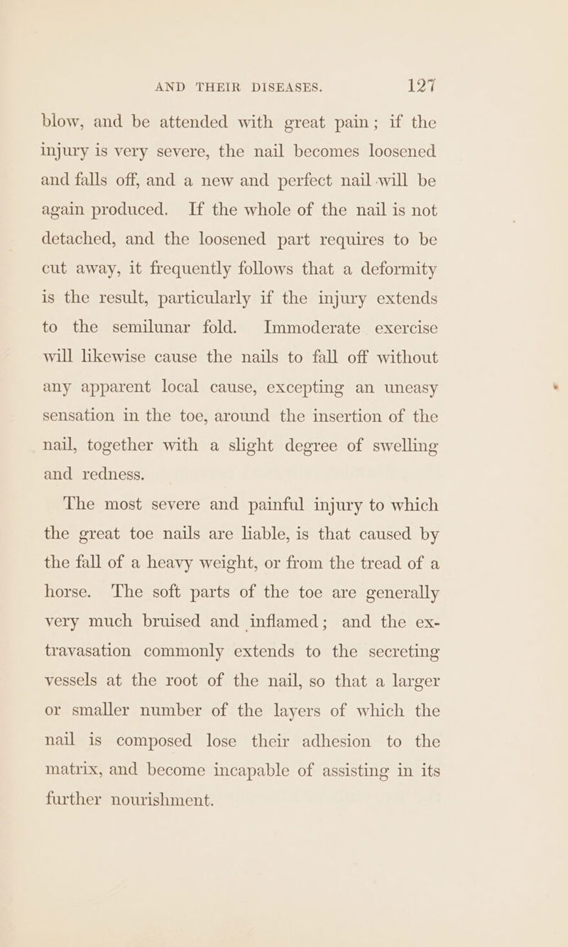 blow, and be attended with great pain; if the injury is very severe, the nail becomes loosened and falls off, and a new and perfect nail -will be again produced, If the whole of the nail is not detached, and the loosened part requires to be cut away, it frequently follows that a deformity is the result, particularly if the injury extends to the semilunar fold. Immoderate exercise will likewise cause the nails to fall off without any apparent local cause, excepting an uneasy sensation in the toe, around the insertion of the nail, together with a slight degree of swelling and redness. The most severe and painful injury to which the great toe nails are liable, is that caused by the fall of a heavy weight, or from the tread of a horse. The soft parts of the toe are generally very much bruised and inflamed; and the ex- travasation commonly extends to the secreting vessels at the root of the nail, so that a larger or smaller number of the layers of which the nail is composed lose their adhesion to the matrix, and become incapable of assisting in its further nourishment.