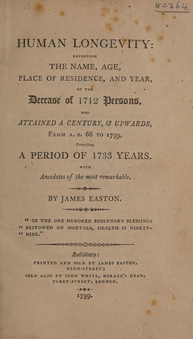 HUMAN LONGEVITY: RECORDING THE NAME, AGE, PLACE OF RESIDENCE, AND YEAR, % La OF THE Derasé of 1712 Persons, WHO ATTAINED A CENTURY, &amp; UPWARDS, From a.v. 66 To 1799, Compri ising A PERIOD OF 1733 YEARS. Anecdotes of the most remarkable. _ BY JAMES EASTON. 2 9 @@:S- @Od0-— Lo Akg 6© OF THE ONE HUNDRED SUBLUNARY BLESSINGS cs sneer es aaa ON MORTALS, HEALTH IS NINETY- 66 NINE.’ EE KKK( DEP DOE aaligburp 3 PRINTED AND SOLD BY JAMES EASTON, HIGH-STREET’$ SOLD ALSO BY JOHN WHITE, HORACE’S HEAD» FLEET-STREET, LONDON, POK- F199