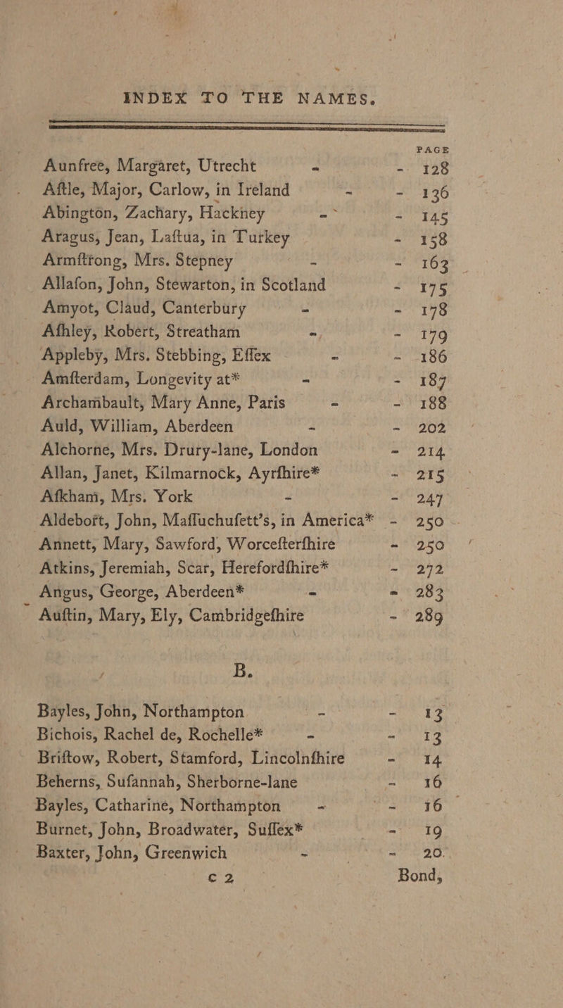 Aunfree, Margaret, Utrecht - Abington, Zachary, Hackney -s Aragus, Jean, Laftua, in Turkey Armitfong, Mrs. Stepney i Allafon, John, Stewarton, in Scotland Amyot, Claud, Canterbury - Afhley, Robert, Streatham - Appleby, Mrs. Stebbing, Effex = Amfterdam, Longevity at* - Archambault, Mary Anne, Paris ~ Auld, William, Aberdeen - Alchorne, Mrs, Drury-lane, London Allan, Janet, Kilmarnock, Ayrfhire* Afkham, Mrs. York ~ Annett, Mary, Sawford, Worcefterfhire Atkins, Jeremiah, Sear, Herefordfhire* Angus, George, Aberdeen* - Auftin, Mary, Ely, Cambridgefhire B. Bayles, John, Northampton Pn Bichois, Rachel de, Rochelle* - Briftow, Robert, Stamford, Lincolnfhire Beherns, Sufannah, Sherborne-lane Bayles, Catharine, Northampton = = Burnet, John, Broadwater, Suflex* Baxter, John, Greenwich ~ Bond,