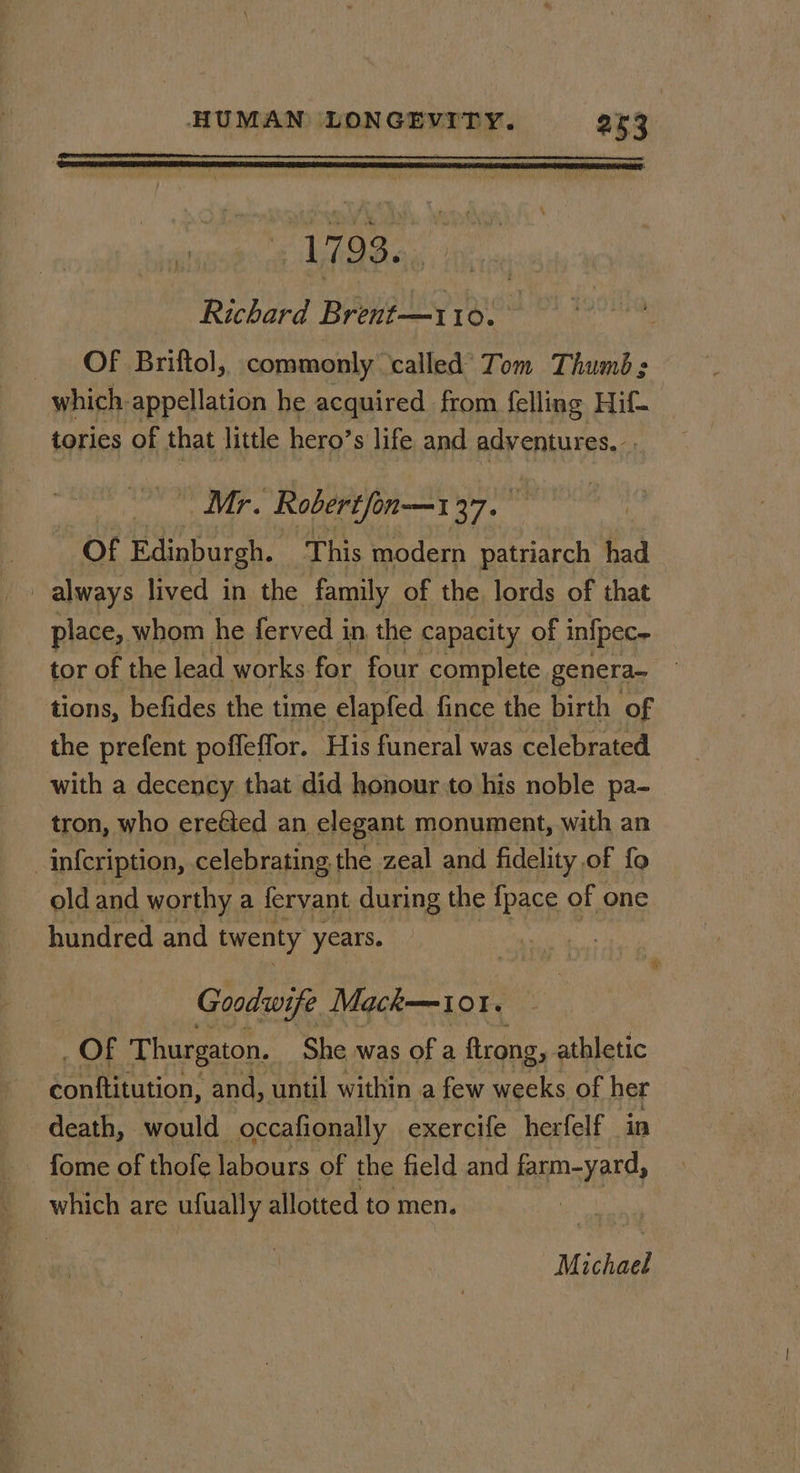 a Cea Richard Brent—110. . OF Briftol, commonly ‘called’ Tom Thumbs | which- appellation he acquired from felling Hif- tories of that little hero’ s life and adventures. Mr. Robertfon—1 ye Of Edinburgh. This modern patriarch had _ always lived in the family of the lords of that place, whom he ferved i in. the capacity of infpec~ tor of the lead works for four complete genera- tions, befides the time elapfed. fince the birth of the prefent poffeffor. His funeral was celebrated with a decency that did honour to his noble pa- tron, who ereéied an elegant monument, with an _infcription, celebrating the zeal and fidelity of fo old and worthy a fervant during the fpace of one hundred and twenty years. | Goodwife Mack—t101. ly #14 Thurgaton. She was of a ftrong, athletic conftitution, and, until within a few weeks of her death, would occafionally exercife herfelf in fome of thofe labours of the field and farm-yard, which are ufually allotted to men. a Michael