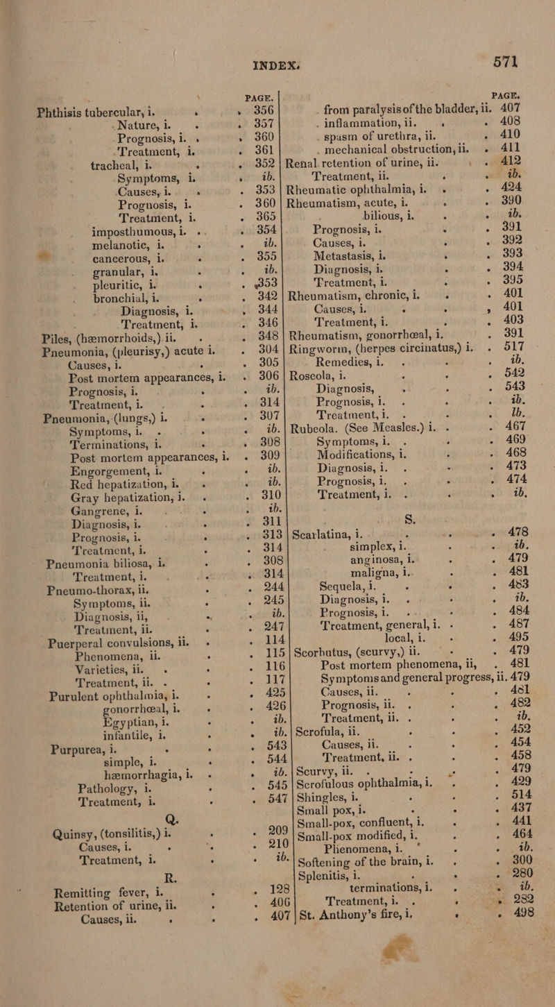 eraisis satiesenlandi, _Nature, i. Prognosis, i. ‘Treatment, i. tracheal, i. Symptoms, i. Causes, 1. Prognosis, i. Treatment, i imposthumous, 1. melanotic, i. cancerous, i. granular, i, pleuritic, 1 bronchial, i. Diagnosis, i. Treatment, 1 Piles, (hemorrhoids, ) i ii. Causes, i. Prognosis, 1. Treatment, 1. Pneumonia, (lungs,) i. Symptoms, i. Terminations, i. Engorgement, 1. Red hepatization, 1. Gray hepatization, i. Gangrene, 1. Diagnosis, 1. Prognosis, 1. Treatment, 1. Pneumonia biliosa, i. Treatment, i. Pneumo-thorax, il. Symptoms, il. Diagnosis, ii, Treatment, il. Puerperal convulsions, il. Phenomena, il. Varieties, il. Treatment, il. Purulent ophthalmia, i. gonorrheal, i. Egyptian, i. infantile, 1s Purpurea, i. . simple, i. hzemorrhagia, i . Pathology, i Treatment, i Quinsy, Seamus ik Causes, i. Treatment, 1. R. Remitting fever, i. Retention of urine, il. Causes, ii. ° € INDEX. 571 PAGE. PAGE, 356 from paralysisof the bladder, ii. 407 357 . inflammation, il. . 408 360 spusm of urethra, il. . 410 361 . mechanical obstruction, ii. . All 352 | Renal retention of urine, ii. . 412 ib. Treatment, ii. ot Hh 353 | Rheumatic ophthalmia, i. . 424 360 | Rheumatism, acute, i. . 390 365 bilious, i. signs 354 Prognosis, i. . 391 ib. Causes, i. ». 392 355 Metastasis, i. . 393 ib. Diagnosis, i. . 394 yoo Treatment, i. eS Bs 342 | Rheumatism, chronic, i. . AOl 344 Causes, i. : », Aol 346 Treatment, i. . 403 348 | Rheumatism, gonorrheeal, i. i SOE 304 | Ringworm, (herpes circinatus,) i, . 517 305 Remedies, 1 Ee 5 eas 306 | Roseola, i. 4 ~ G42 ab. Diagnosis, ; . 043 314 Prognosis, i. och a 307 Treatment, 1. va Alb: ib. | Rubeola. (See Measles.) i. . . 467 308 Symptoms, i. 469 309 Modifications, i. 468 ib. Diagnosis, i. 473 ib. Prognosis, i. . ATA 310 Treatment, i. po 728, ib. 311 Ss. 313 | Scarlatina, i. ; . 478 314 simplex, i. wee, 308 anginosa, i. . 479 314 maligna, i. . Adsl 244 Sequela, i. . 433 245 Diagnosis, 1. Aaiteie ib. Prognosis, 1. . 484 247 Treatment, general, i. 487 114 local, i iy 495 115 | Scorbutus, (scurvy,) ii. A479 116 Post mortem phenomena, i, 481 117 Symptoms and general progress, ii. 479 425 Causes, il. . . , 2481 426 Prognosis, il. . A82 ib. Treatment, il. ib. ib. | Scrofula, ii. 452 543 Causes, ii. 454 544 Treatment, ll. . 458 ib.|Scurvy, il. . . 479 545 | Scrofulous ophthalmia, i 2 . 429 547 | Shingles, i. : . 514 Small pox, i. . 437 909 Small-pox, eS ey . 441 210 Small-pox modified, i. . 464 ; Plienomena, i. * ib ib ee i ‘ *| Softening of the brain, 1. . 300 Splenitis, 1. . 280 128 terminations, i we ab, A406 Treatment, 1. sat. 282 407 | St. Anthony’s fire, i, . 498