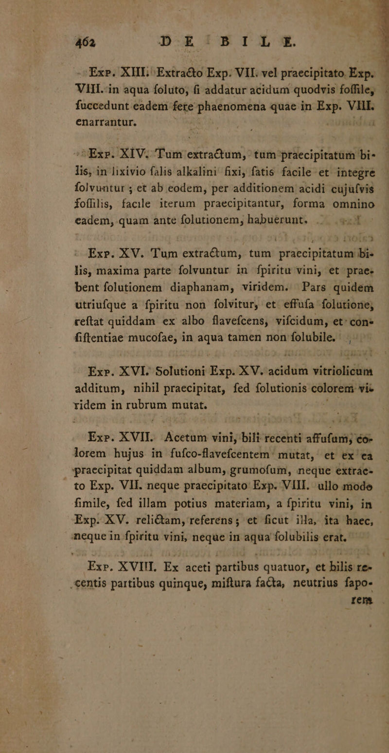 462 D:£ BI LS. VIII. in aqua foluto, fi addatur acidum quodvis foffile, fuccedunt eadem fete ames quae in Exp. Vut. enarrantur. TN HN II ^UExs. XIV. Tum extractum, tum praecipitatüm bi- lis, in lixivio falis alkalini fixi, fatis facile et integre folvuntur ; et ab eodem, per additionem acidi cujuívis fofülis, facile iterum praecipitantur, forma omnino eadem, quam ante folutionem, habuerunt. ..— 3 | , | I10L&amp;SÀ Exe. XV. Tum extractum, tum praecipitatum bi- lis, maxima parte folvuntur in fpiritu vini, et prae. bent folutionem diaphanam, viridem. Pars quidem utriufque a fpiritu non folvitur, et effufa folutione, reftat quiddam ex albo flavefcens, vifcidum, et: con* fiftentiae mucofae, in aqua tamen non folubile. Ex». XVI. Solutioni Exp. XV. acidum vitriolicum additum, nihil praecipitat, fed folutionis colorem vie Tuer in rubrum mutat. paa Ex». XVII. Acetum vini, bili recenti affufum, co- lorem hujus in fufco-flavefcentem' mutat, et ex ea praecipitat quiddam album, grumofum, neque extrac- Exp. XV. reli&amp;tam, referens; et ficut illa, ita haec, neque in fpiritu vini, neque in aqua folubilis erat. Exp. XVIIT. Ex aceti partibus quatuor, et bilis re- .centis partibus quinque, miftura fata, neutrius fapo- tem fb.