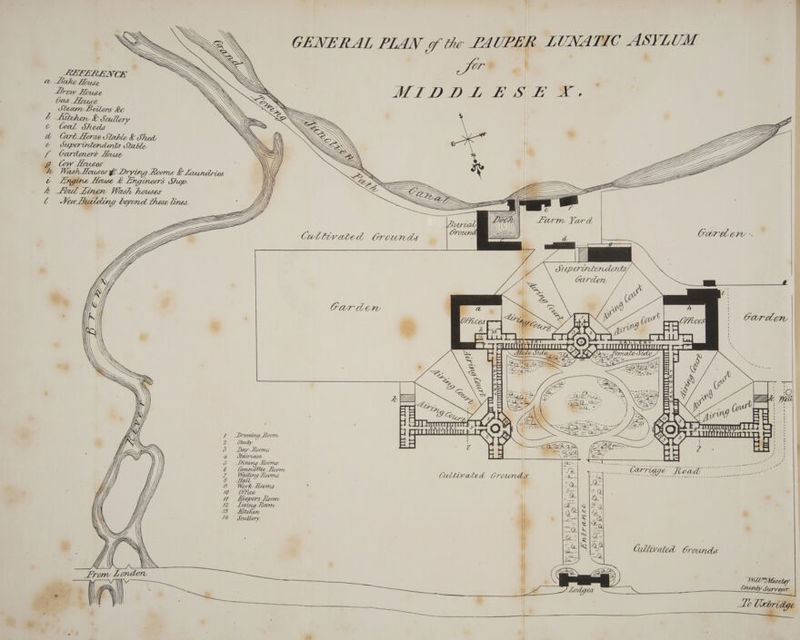 GENERAL PLAN of the FA ULE LUNATIC ASYLUM : . OTe 4% MTD DILVE Wh ee, “@ Stearn Beilers &amp;e 4 Kitchen &amp; Scullery c teal Sheds a CartLHorse Stable &amp; Shed e superintendents Stable t GCardmers Louse g Cow Houses hk Wash Houses € Drying Looms &amp; Laundries t Linge Howe ¢ Lingineers Shop. kh Lil Linen Wash houses 6 New Building bend those lines. | Y Super inricnAacnes Carden Lf ‘ ; 7 Drawing loom : 2 Study 3 Day Fcoms 4 CASO F 0 Dining £ 6 0, cath) Ee ZX Waiting Rooms | 6 AL X ; 9 Work ficoms Ny 10 (; 11 Keepers Keoom i fe Tiwing Room Y) 43 = “Kitchen ff / 74 Scullory, an D&gt;) VF N\\ aa f id \ Cultivated Grounds YY v \ W\ \ From London Will?” Mos, «@ : j cley ae es | Cy) are ~ Survey, ; ; ; - ai i “ A 0 el To Uxtrii } “by