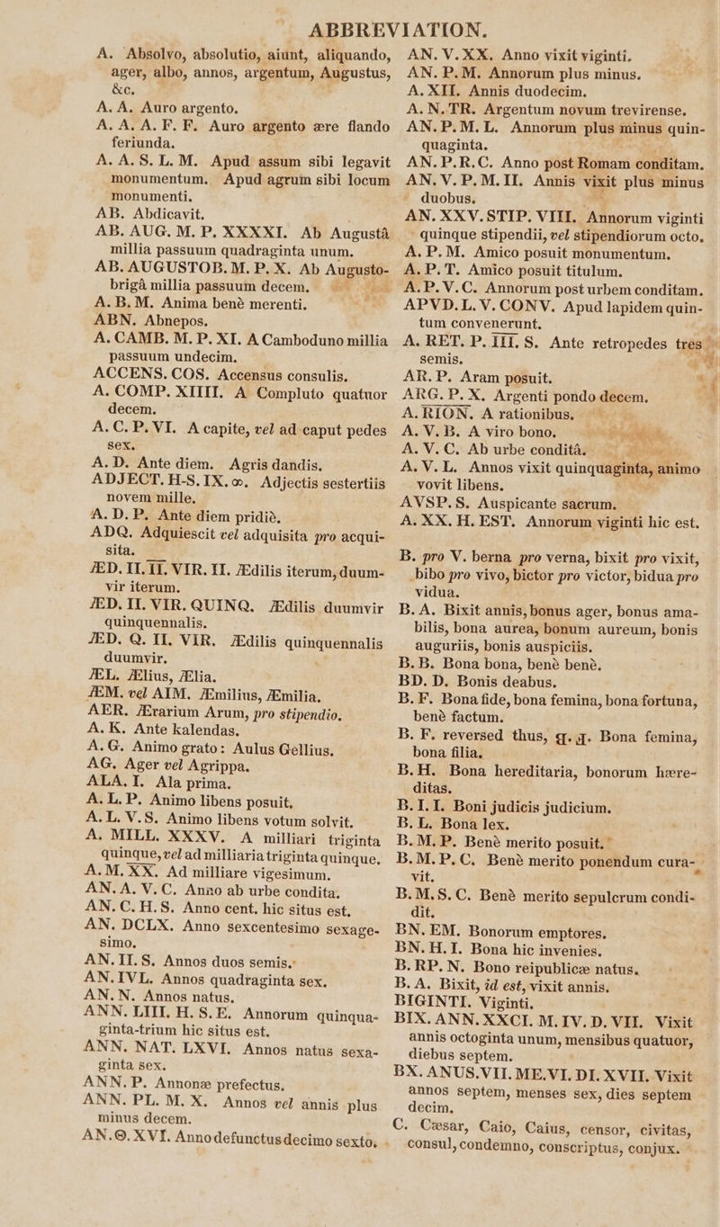 A. Absolvo, absolutio, aiunt, aliquando, ager, albo, annos, argentum, Augustus, &amp;c. A. A. Auro argento. A. A. A. F. F. Auro argento ere flando feriunda. A. A.S.L.M. Apud assum sibi legavit monumentum. Apud agrum sibi locum monumenti. AB. Abdicavit. AB. AUG. M. P. XXXXI. Ab Augusta millia passuum quadraginta unum. AB. AUGUSTOB. M. P. X. Ab Augusto- briga millia passuum decem, ra A.B. M. Anima bené merenti. ABN. Abnepos. A. CAMB. M. P. XI. A Camboduno millia passuum undecim. ACCENS. COS. Accensus consulis. A. COMP. XITIT. A Compluto quatuor decem. A.C. P.VI. A capite, vel ad caput pedes sex, A.D. Ante diem. Agris dandis. ADJECT. H-S.IX.o. Adjectis sestertiis novem mille. A. D.P. Ante diem pridia. ADQ. Adquiescit vel adquisita pro acqui- sita. ED. 1. 11. VIR. LI. ZEdilis iterum, duum- vir iterum. FED. II. VIR. QUIN, quinquennalis. JED. Q. II. VIR. dilis quinquennalis duumvir. JEL. /Elius, Elia. 4EM. vel AIM. Amilius, Emilia, AER. /Erarium Arum, pro stipendio, A. K. Ante kalendas. A.G. Animo grato: Aulus Gellius. AG, Ager vel Agrippa. ALA.I. Ala prima. A. L. P. Animo libens posuit. A.L. V.S. Animo libens votum solvit. A. MILL. XXXV. A williari triginta quinque, vel ad milliaria triginta quinque, A.M. XX. Ad milliare vigesimum. AN.A.V.C. Anno ab urbe condita, AN.C.H.S. Anno cent. hic situs est. AN. DCLX. Anno sexcentesimo sexage- simo. AN.II.S. Annos duos semis. AN.IVL. Annos quadraginta sex, AN.N. Annos natus. ANN. LITT. H. S.E. Annorum quinqua- ginta-trium hic situs est. ANN. NAT. LXVI. Annos natus sexa- ginta sex. ANN.P. Annonz prefectus. ANN. PL. M. X. Annos vel annis plus minus decem. fEdilis duumvir AN. V.XX. Anno vixit viginti. AN. P.M. Annorum plus minus. A. XII. Annis duodecim. A.N.TR. Argentum novum trevirense. AN. P.M. L. Annorum plus minus quin- quaginta. AN.P.R.C. Anno post Romam conditam. AN. V.P.M.II. Annis vixit plus minus duobus. Rise AN. XXV.STIP. VIII. Annorum viginti quinque stipendii, vel stipendiorum octo, A. P.M. Amico posuit monumentum. A. P.T. Amico posuit titulum. A.P.V.C. Annorum post urbem conditam. APVD.L.V.CONV. Apud lapidem quin- tum convenerunt, semis, “f ARG. P. X. Argenti pondo decem. A. RION, A rationibus. A.V. B. A viro bono, Pipette A. V. C. Ab urbe condita. 5 eee A.V.L. Annos vixit quinquaginta, animo vovit libens. bs AVSP.S. Auspicante sacrum. A. XX. H. EST. Annorum viginti hic est. B. pro V. berna pro verna, bixit pro vixit, bibo pro vivo, bictor pro victor, bidua pro vidua. B. A. Bixit annis, bonus ager, bonus ama- bilis, bona aurea, bonum aureum, bonis auguriis, bonis auspiciis. B. B. Bona bona, bené bené. BD. D. Bonis deabus. B.F. Bona fide, bona femina, bona fortuna, bene factum. B. F. reversed thus, gq. q. Bona femina, bona filia. B.H. Bona hereditaria, bonorum here- ditas. B.1.1. Boni judicis judicium. B. L. Bona lex. B.M.P. Bené merito posuit. ’ vit. ' B.M.S.C. Bené merito sepulcrum condi- dit, BN. EM. Bonorum emptores. BN.H.I. Bona hic invenies. B.RP.N. Bono reipublice natus. B. A. Bixit, id est, vixit annis. BIGINTI. Viginti. BIX. ANN. XXCI. M.IV.D. VII. Vixit annis octoginta unum, mensibus quatuor, diebus septem. BX. ANUS.VII. ME.VI. DI. XVII. Vixit annos septem, menses sex, dies septem decim, C. Cwsar, Caio, Caius, censor, civitas, consul, condemno, conscriptus, conjux.