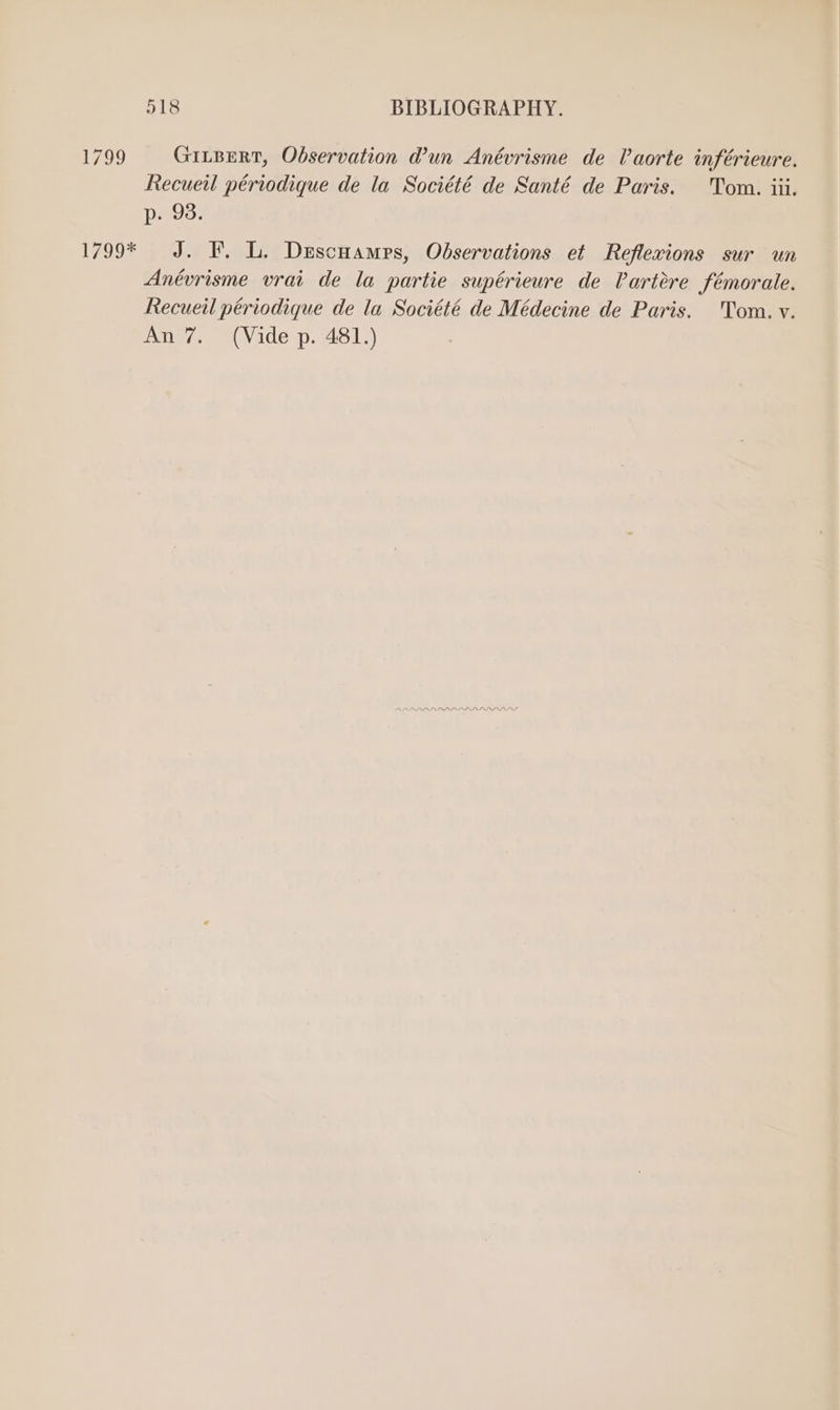 1799 GILBERT, Observation @un Anévrisme de Vaorte inférieure. Recueil périodique de la Société de Santé de Paris. Tom. iii. p. 93. 1799* J. F. L. Duscuamps, Observations et Reflexions sur un Anévrisme vrai de la partie supérieure de Partere fémorale. Recueil périodique de la Société de Médecine de Paris. Tom. v.